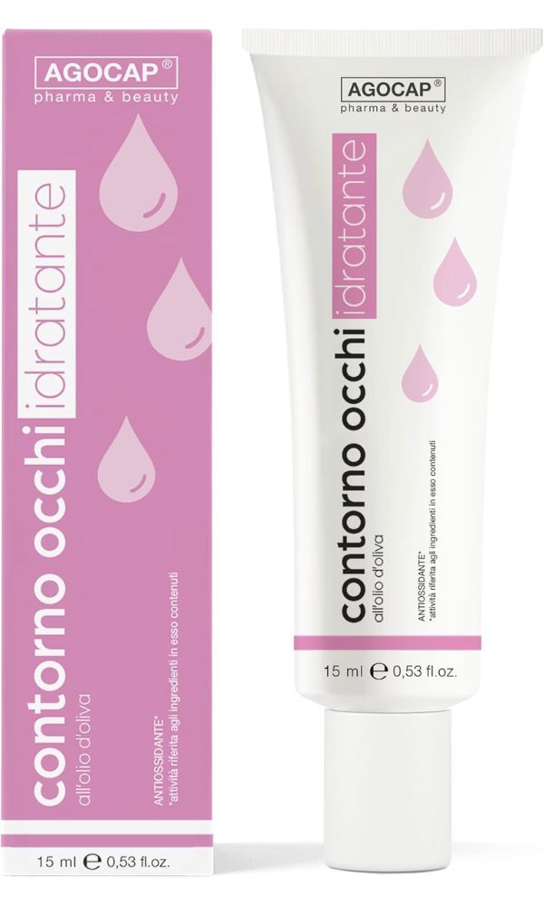 Augenkonturcreme-Tube und -Verpackung. Weiß, rosa und dunkelrosa Farbschema. Text: Agocap, Contorno Occhi Idratante, 15 ml.