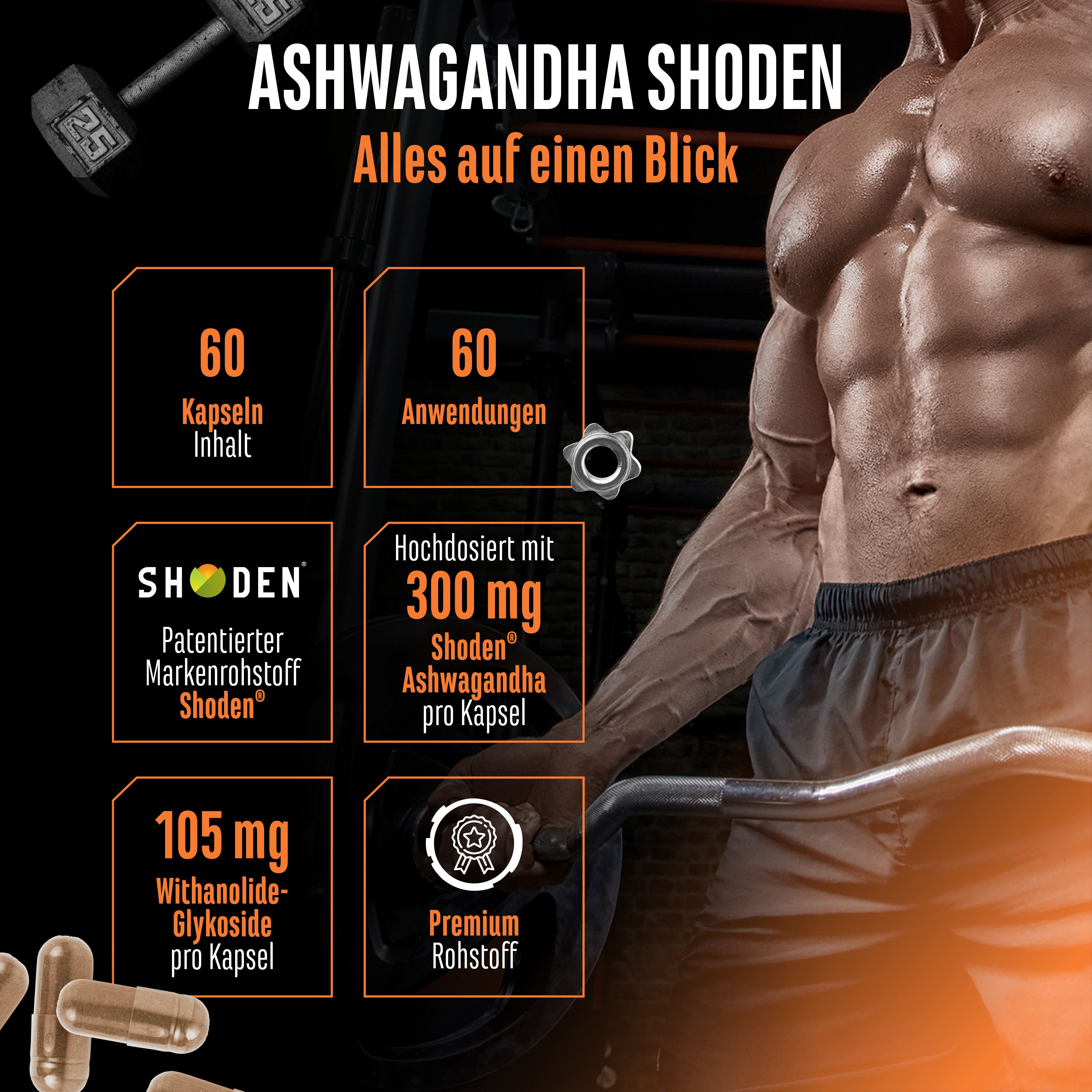 Infografik mit Informationen zu Ashwagandha Shoden. Enthält 60 Kapseln, 60 Anwendungen, 300 mg Shoden pro Kapsel, 105 mg Withanolide.