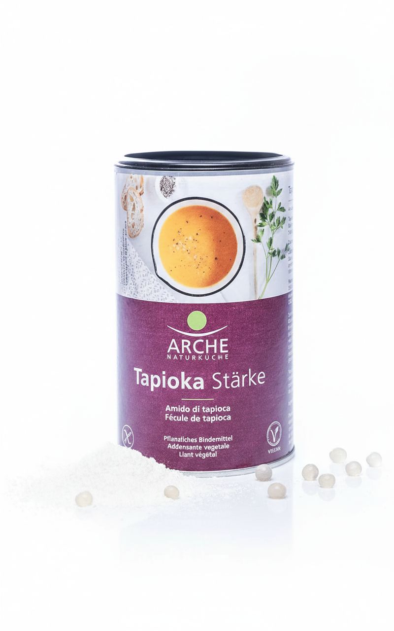 Arche Tapioka Stärke Dose mit verstreutem Pulver und Perlen auf weißem Untergrund.