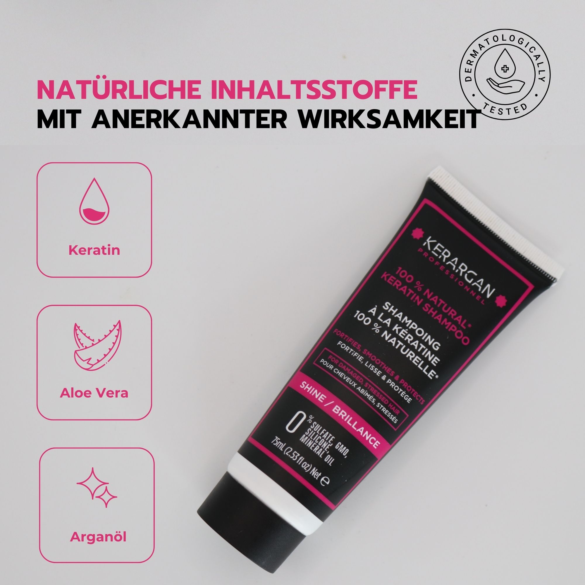 Kerargan Shampoo-Tube. Produktabbildung mit Text. Enthält Informationen zu Inhaltsstoffen wie Keratin und Arganöl.