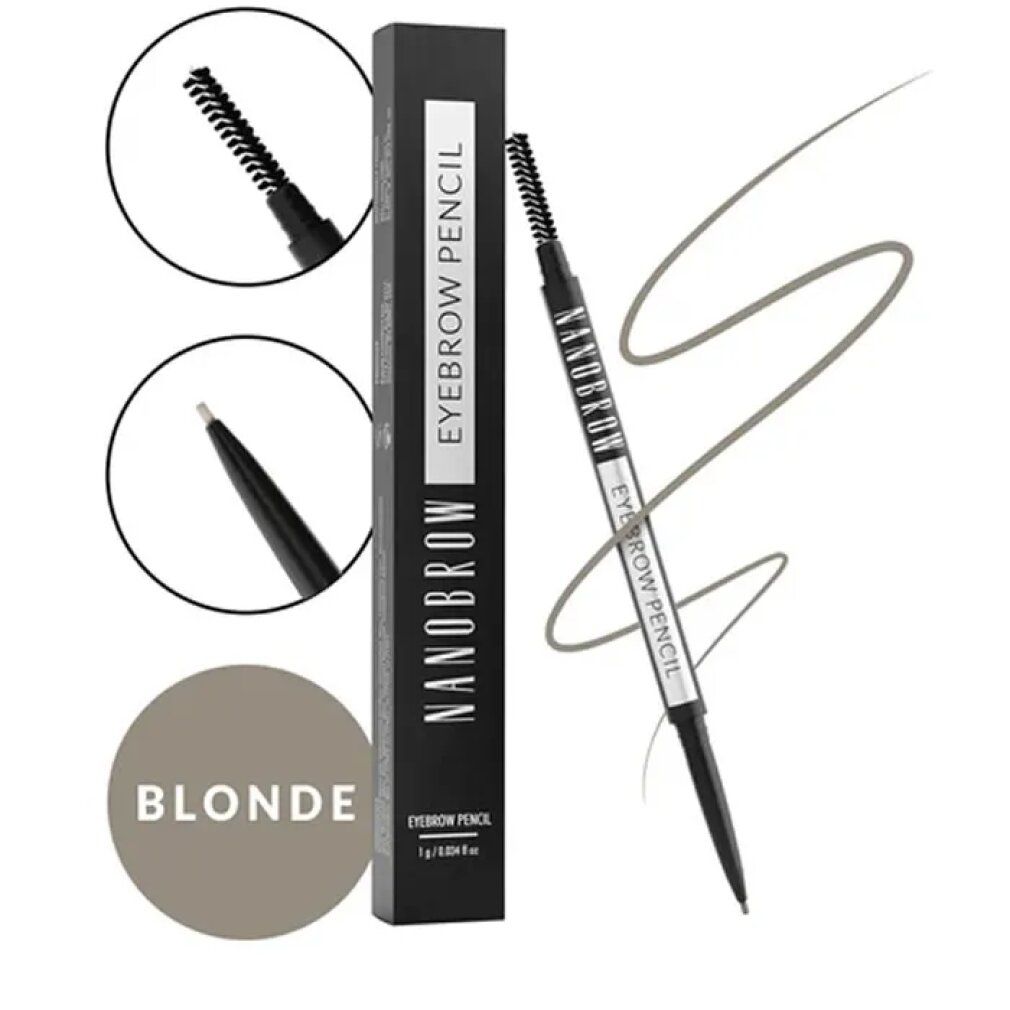 Schwarze Verpackung mit weißem Streifen und Schriftzug NANOBROW EYEBROW PENCIL. Augenbrauenstift, Bürste, Strich und Blonde-Farbe.