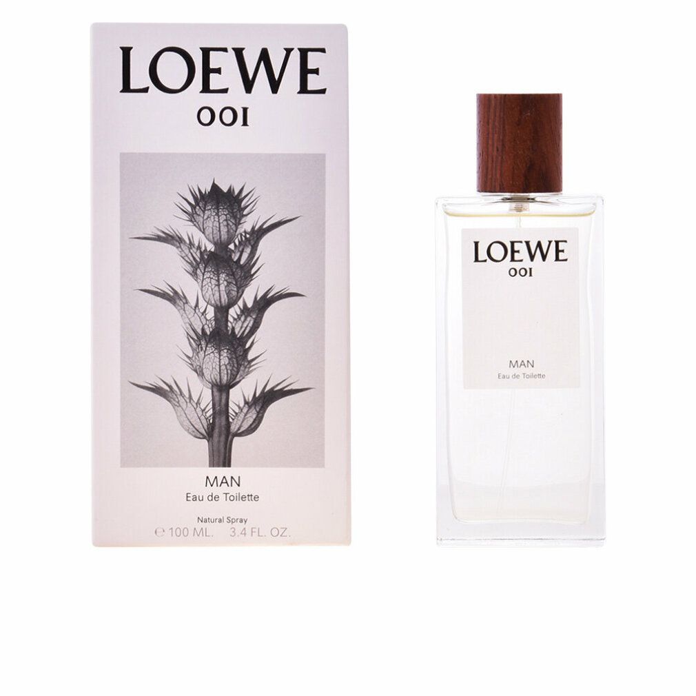 Loewe 001 Man Eau de Toilette Spray und Verpackung. Rechteckiger Flakon mit Holzverschluss. Weiße Verpackung mit floralem Motiv und Logo.