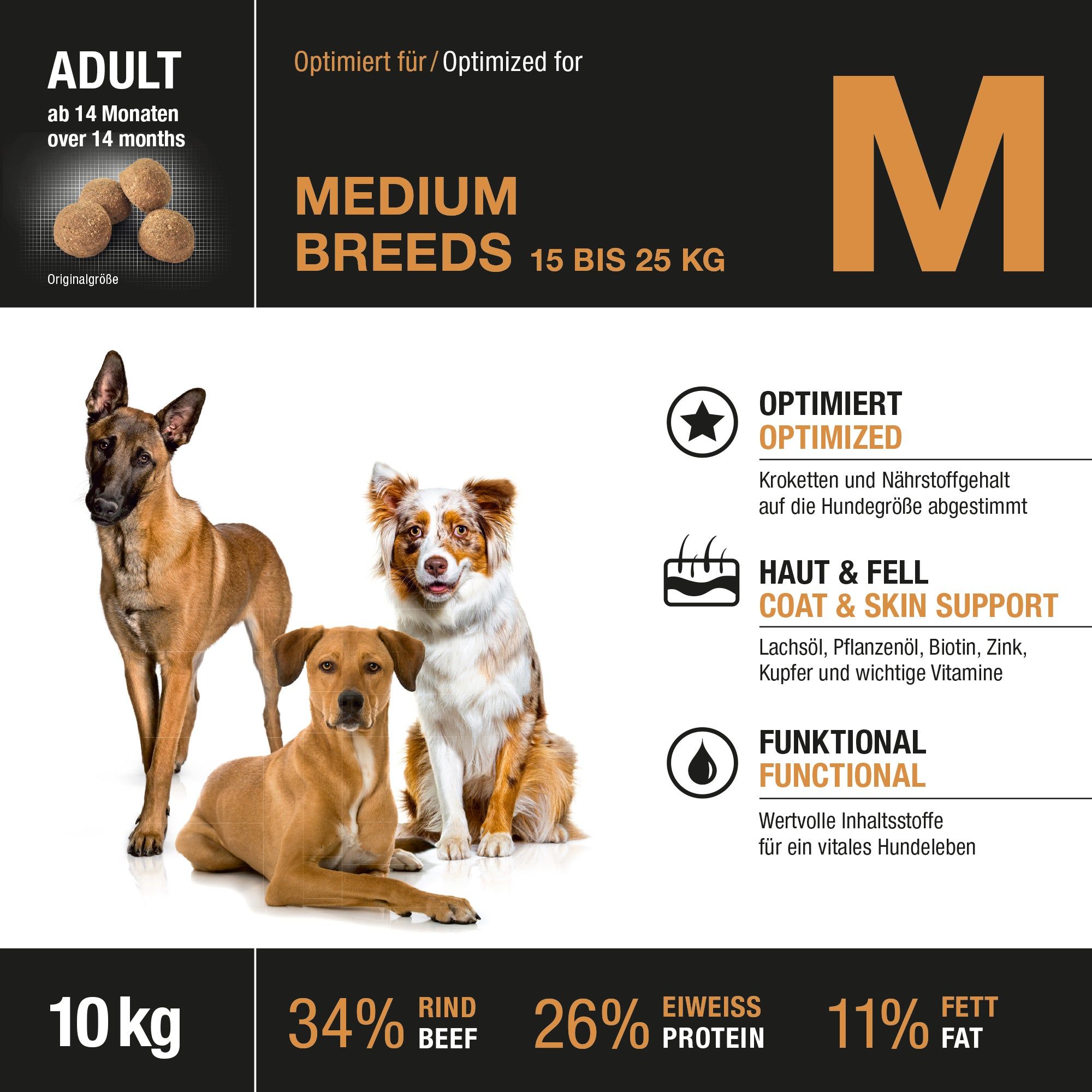 Hundefutter "Breed Selection Adult Medium Breeds M", 10 kg. Mit Rindfleisch, 34% Protein, 11% Fett.