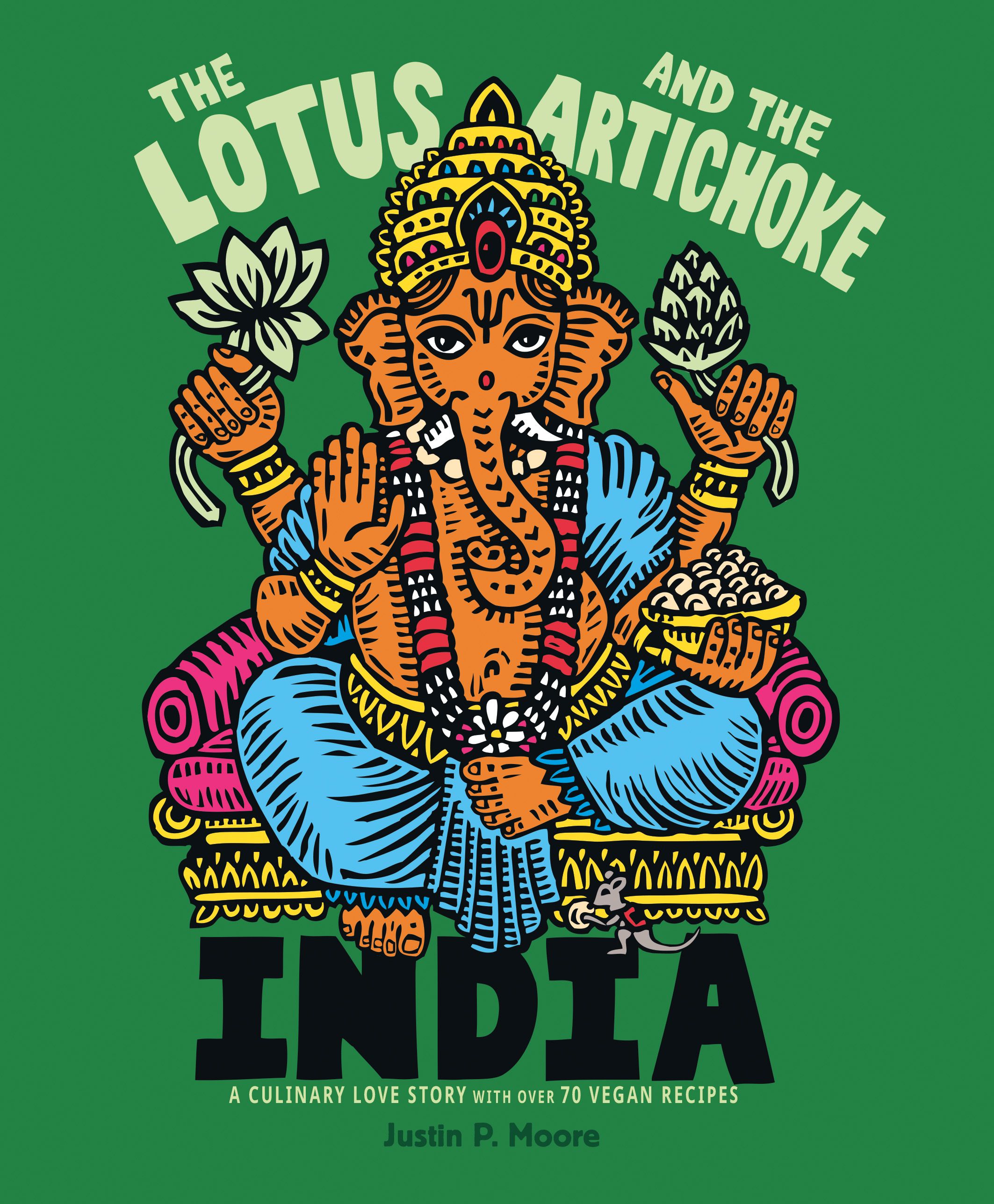 Buchcover: "The Lotus and the Artichoke - India". Illustration von Ganesha, grünem Hintergrund.