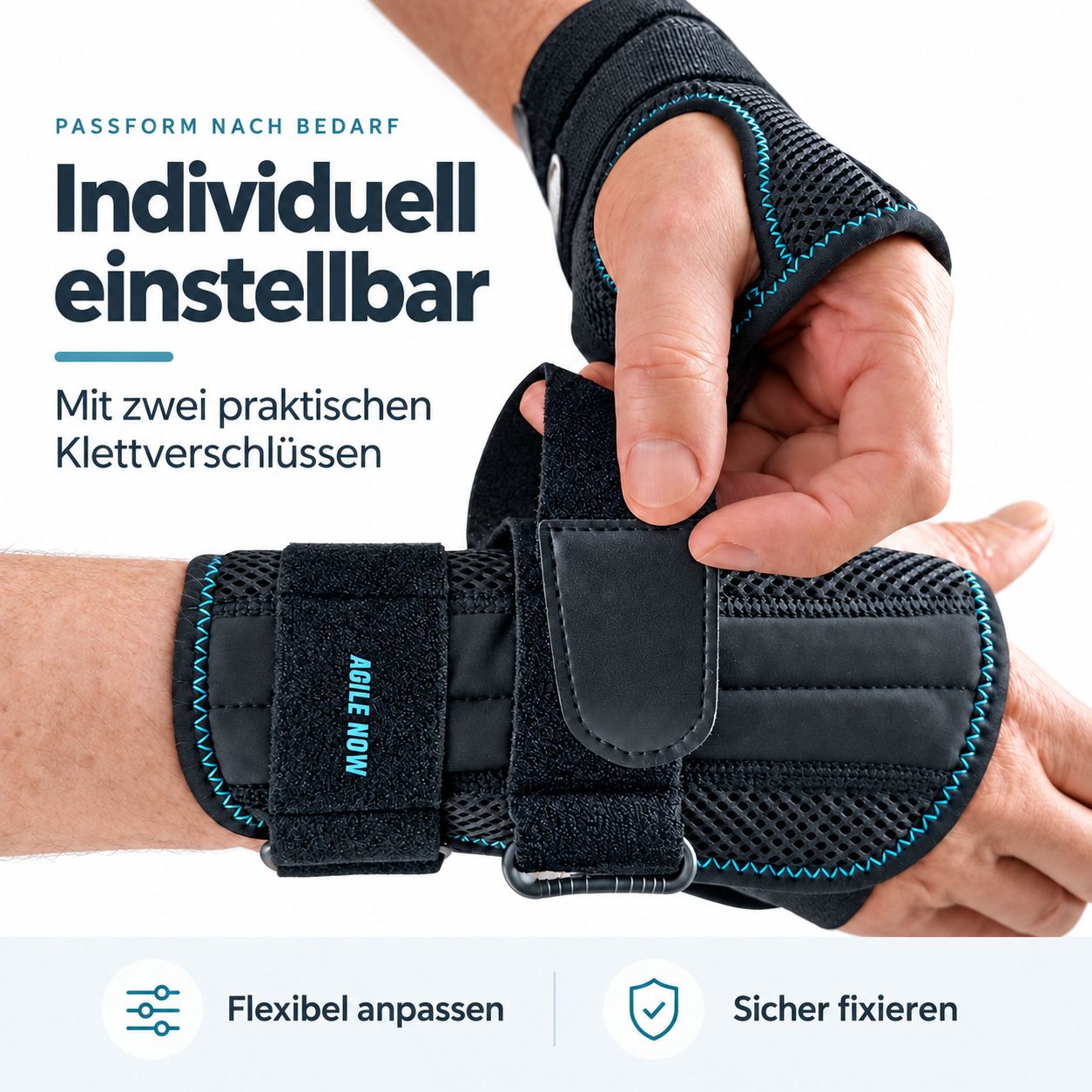 Handgelenkbandage mit zwei Klettverschlüssen zur individuellen Anpassung. Flexibel und sicher.