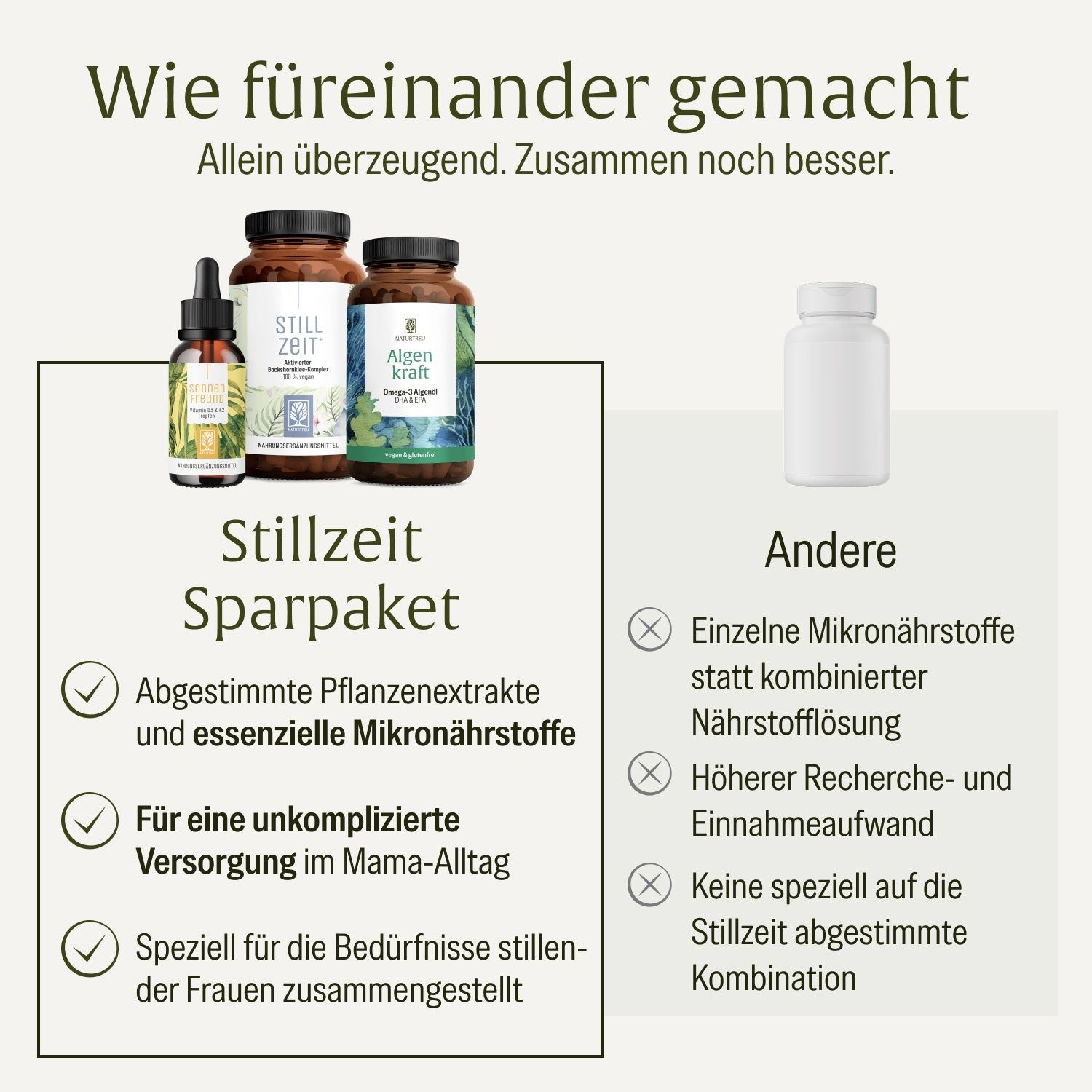 Drei braune Flaschen mit Nahrungsergänzungsmitteln: "Stillzeit Sparpaket", "Algen Kraft" und eine Tropfflasche.