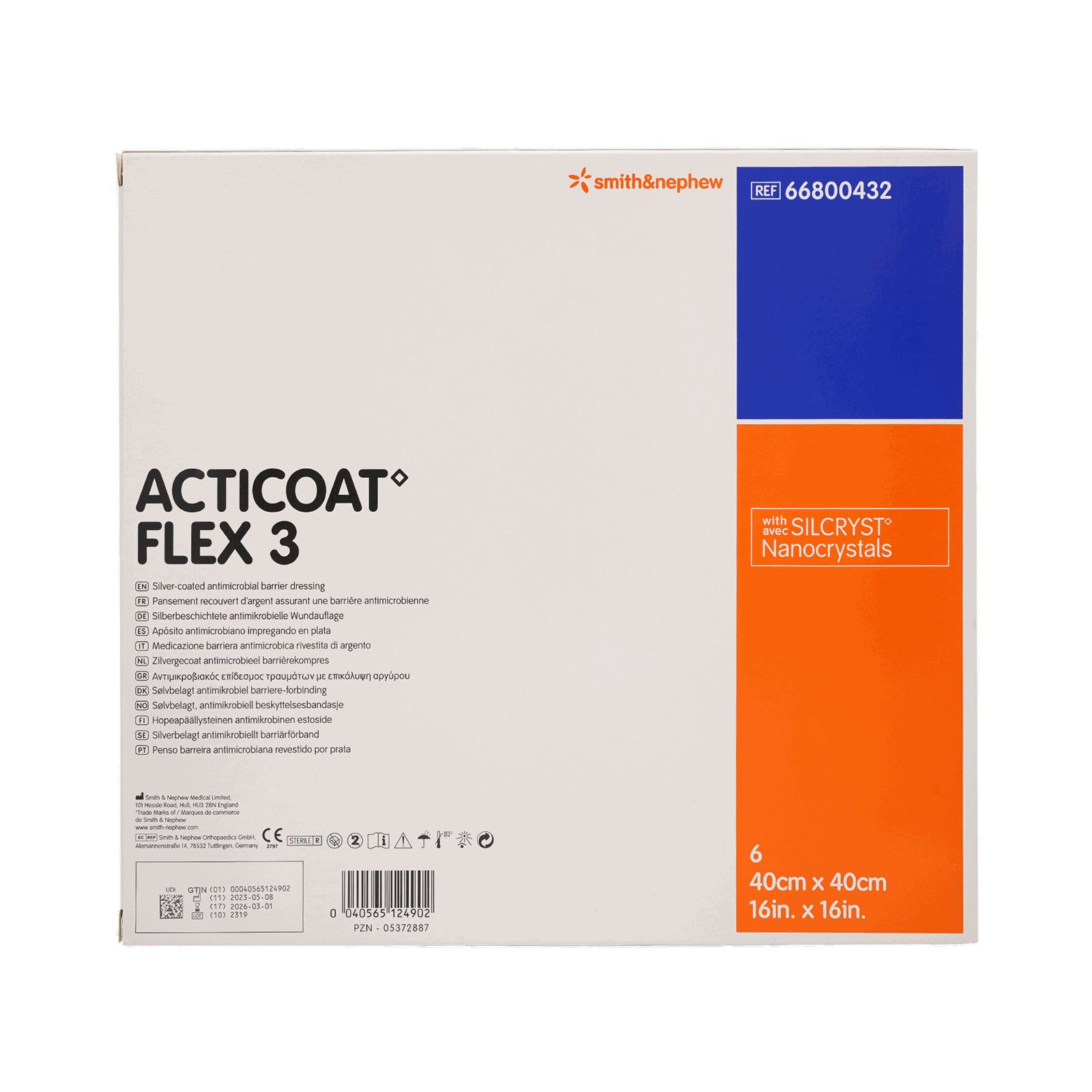 Verpackung von ACTICOAT FLEX 3 Wundauflage. Enthält 6 Stück, 40x40cm. Marke Smith & Nephew. Mit blauen und orangen Akzenten.