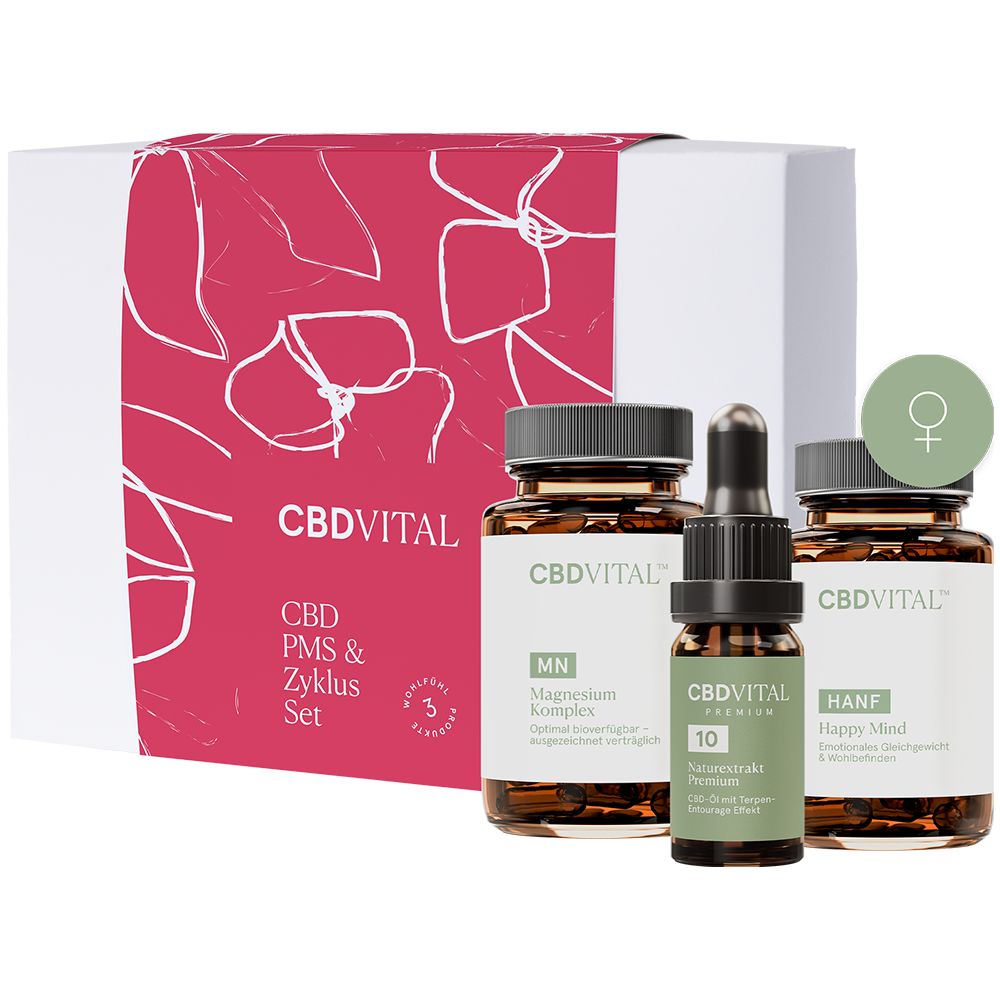 Geschenkset mit drei Produkten. Enthält Flaschen und eine Tropfflasche. Aufschrift: CBD VITAL, CBD PMS & Zyklus Set.
