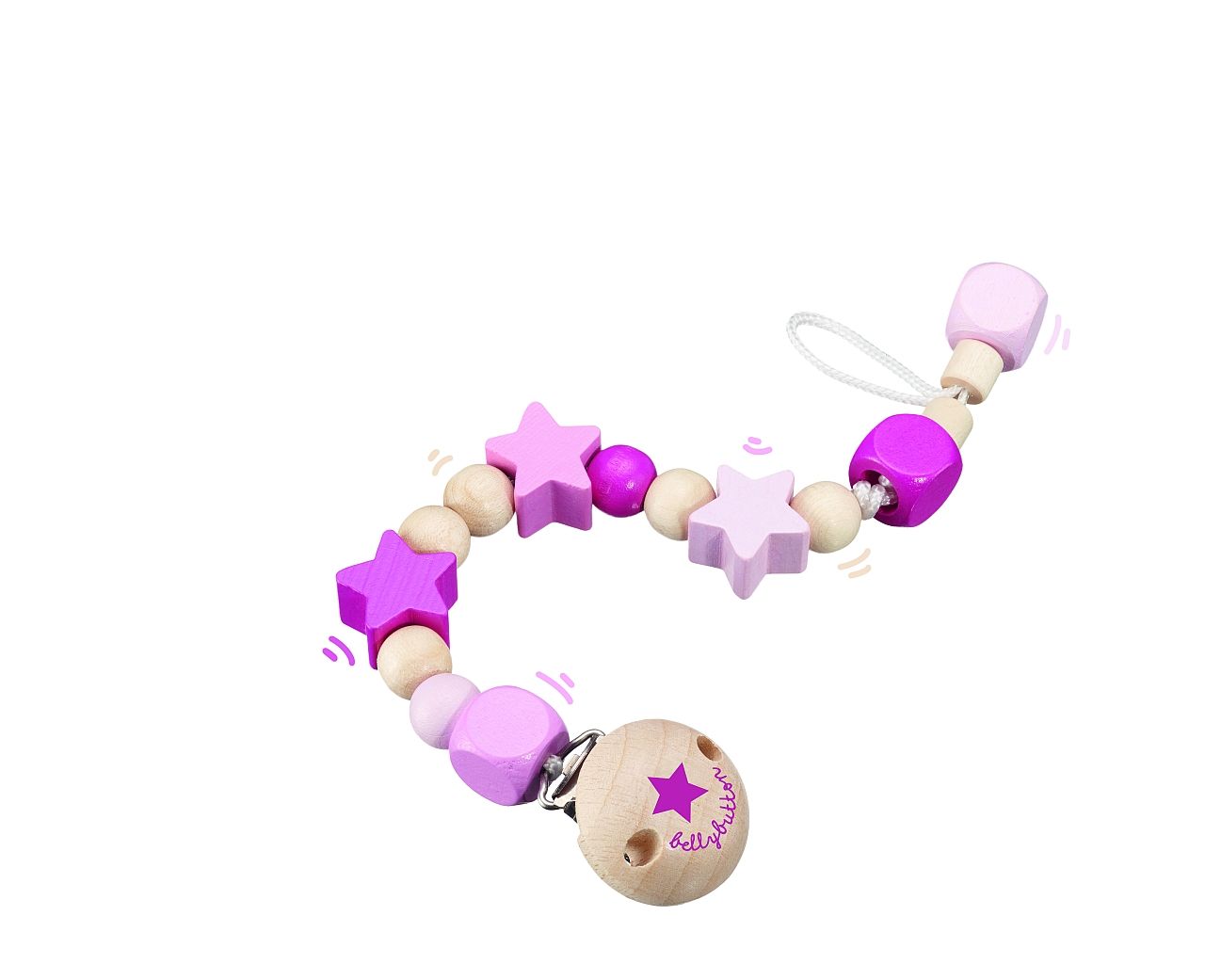 Schnullerkette mit Sternen, Holzperlen und Clip. Rosa und violett. Mit Schriftzug "bellybutton".