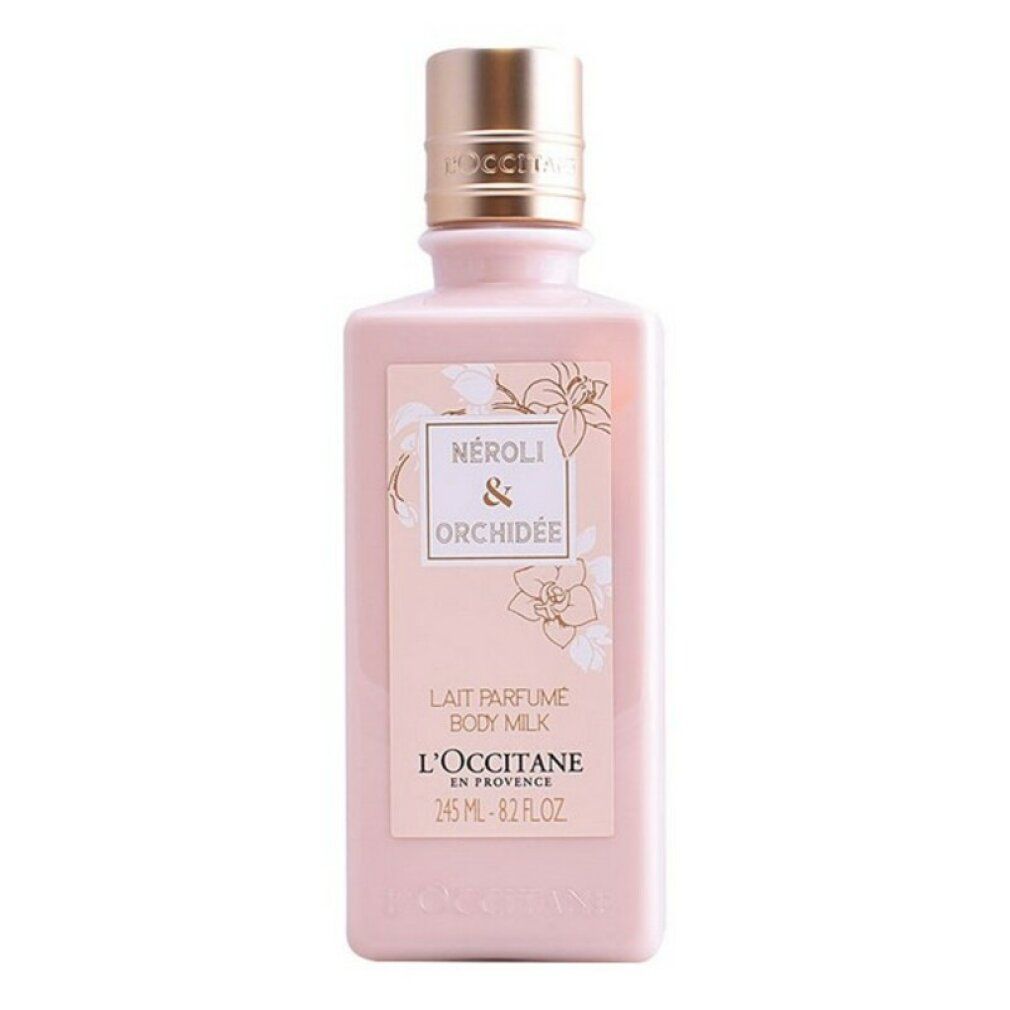 Rosa Körperlotion-Flasche mit goldfarbenem Deckel. Etikett mit "Néroli & Orchidée" und "Lait Parfumé Body Milk".