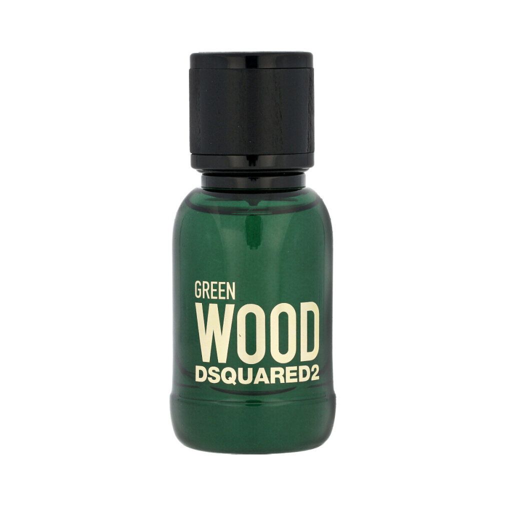 Grünes Glasflakon mit schwarzem Deckel. Goldfarbener Schriftzug: GREEN WOOD DSQUARED2.