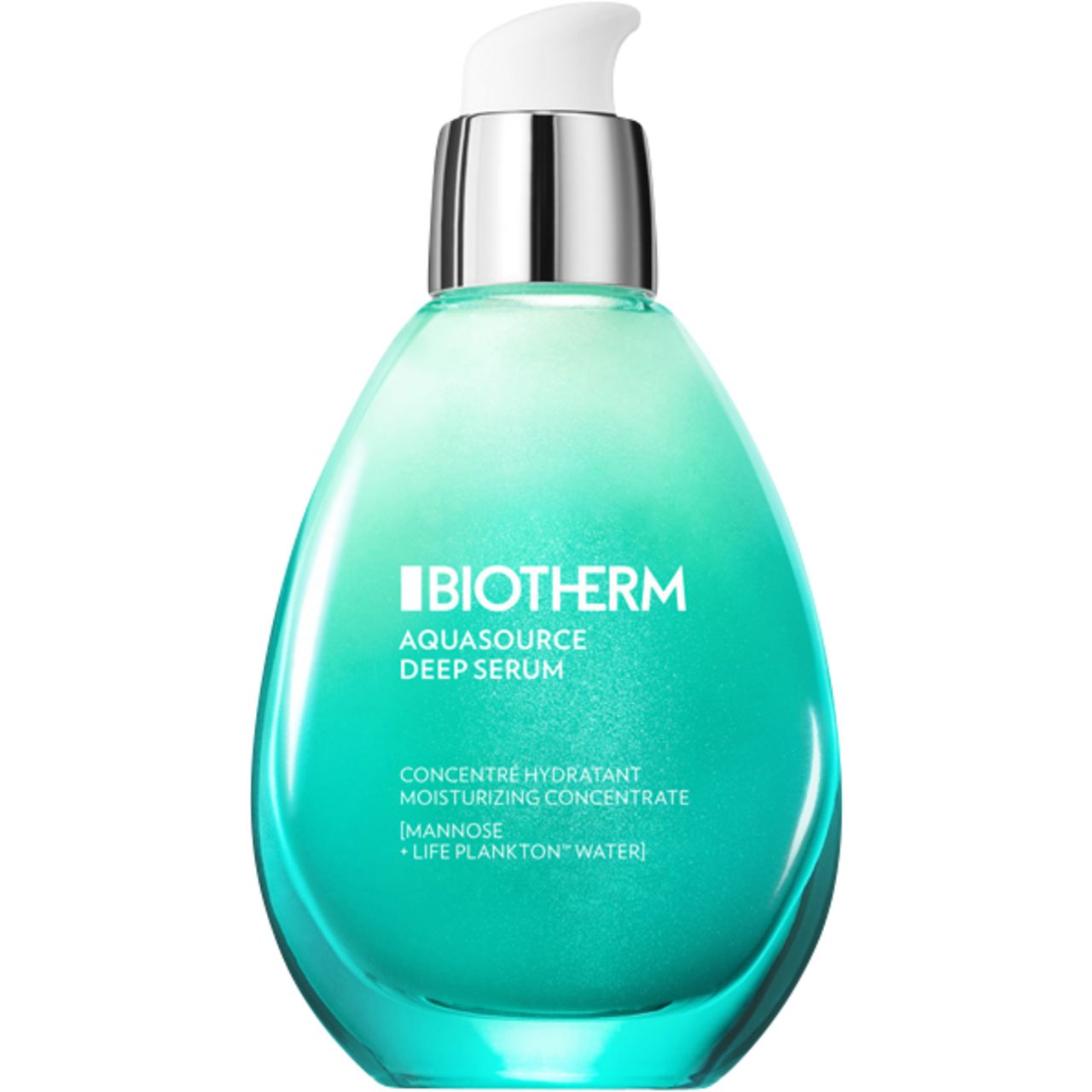 BIOTHERM AQUASOURCE Deep Serum Flasche. Tropfenförmige, türkisfarbene Glasflasche mit silbernem Pumpkopf. Schriftzug: BIOTHERM, AQUASOURCE Deep Serum.