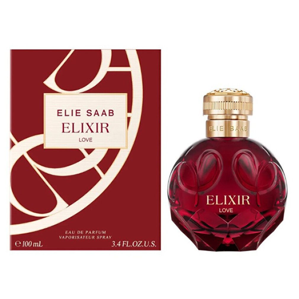 Elie Saab Elixir Love Eau de Parfum Flakon und Verpackung, 100 ml.