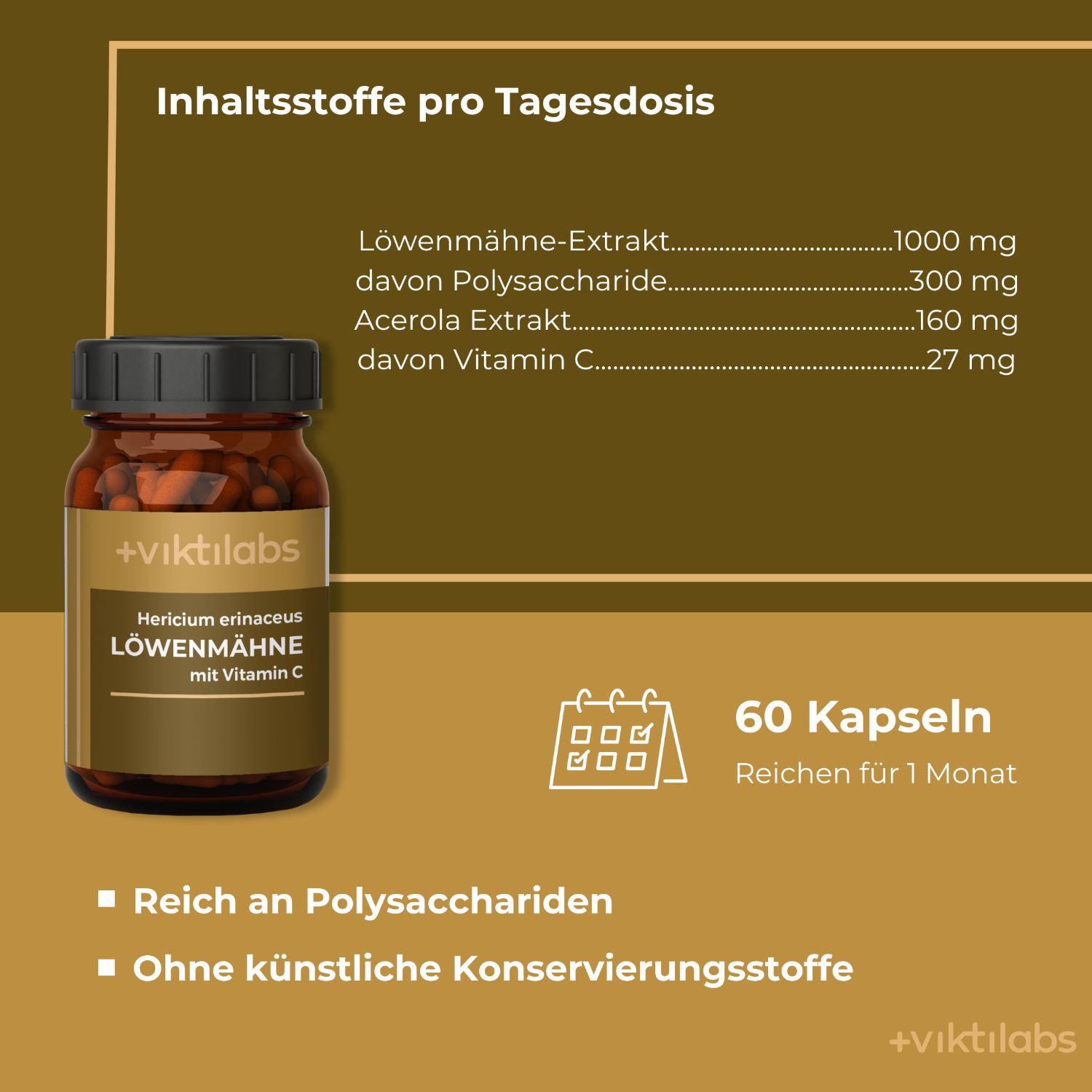 Flasche Viktilabs Löwenmähne, Liste der Inhaltsstoffe und 60 Kapseln Hinweis.