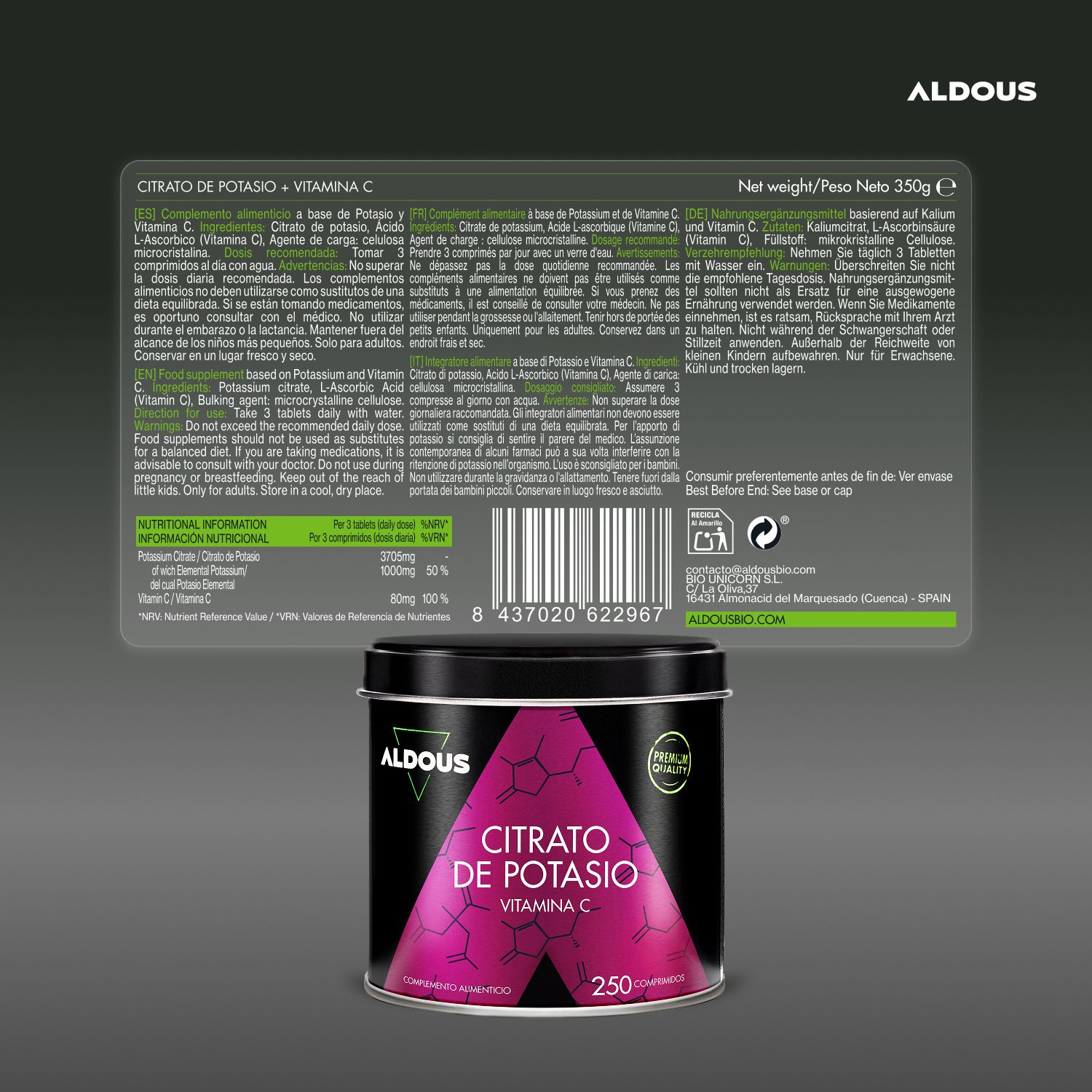 Aldous Citrato de Potasio Dose mit 250 Tabletten, Vitamin C. Hergestellt in Europa.