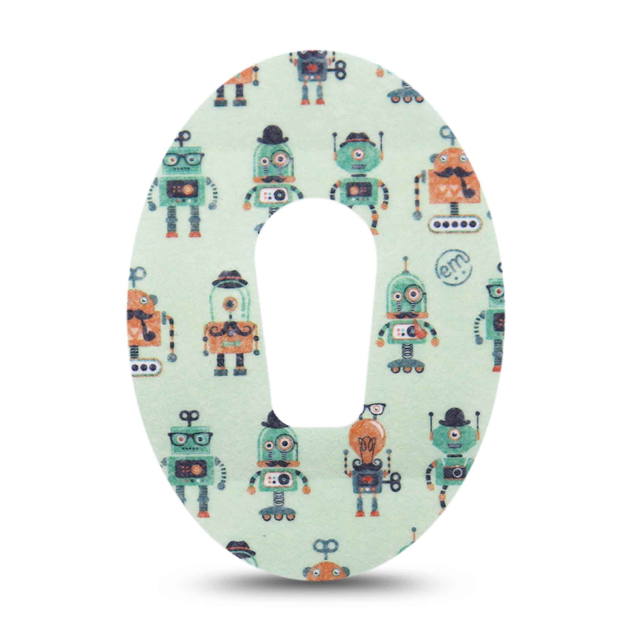 Ovales Pflaster mit Robotermuster und Loch. Hellgrüner Hintergrund. Kleines Logo.