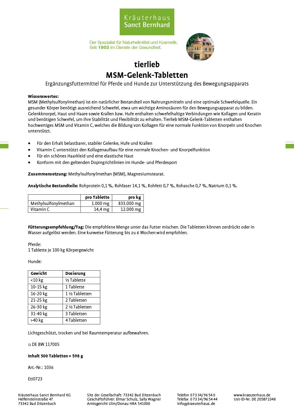 Sanct Bernhard tierlieb MSM-Gelenk-Tabletten
