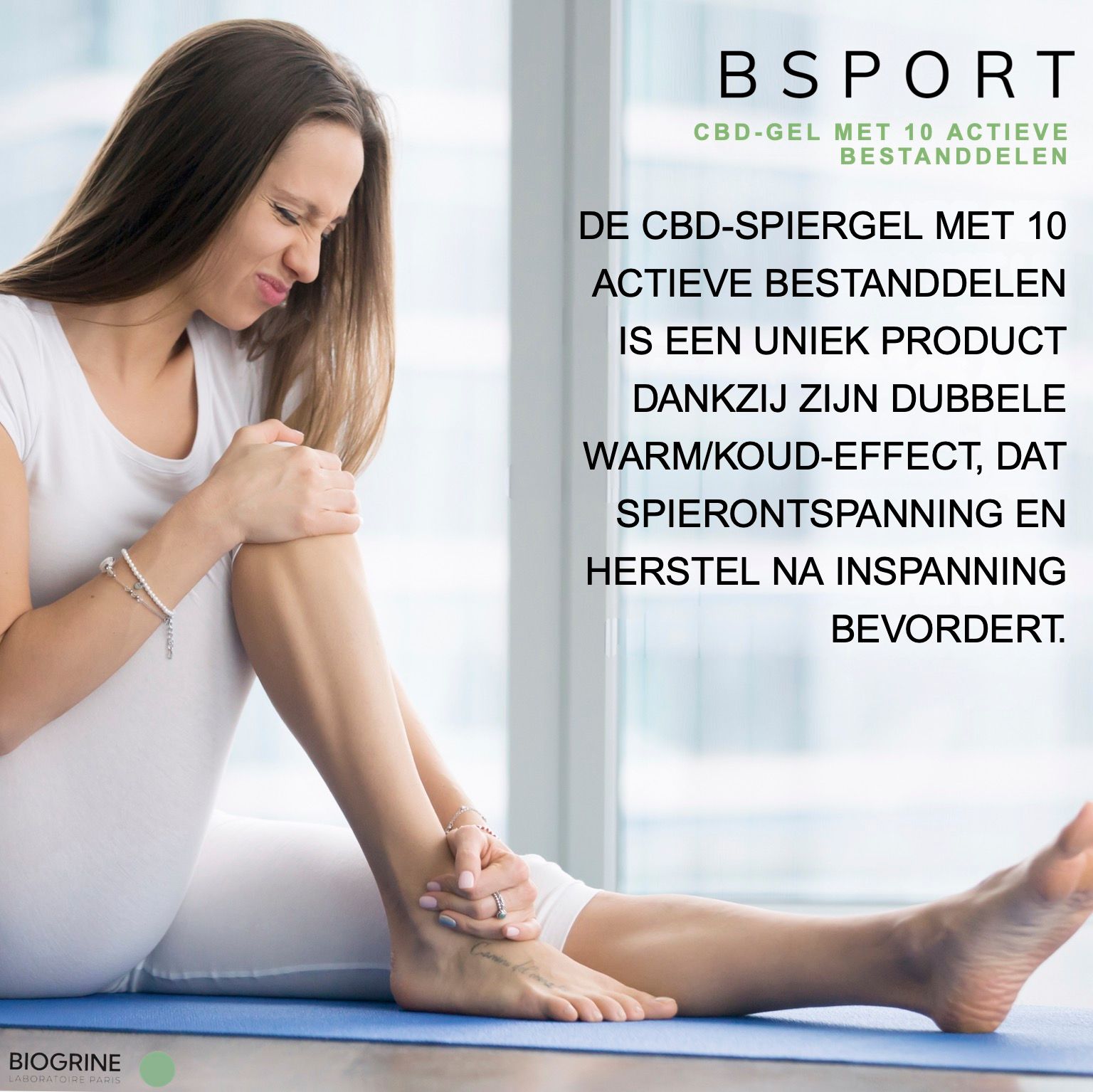 Vrouw zit, houdt been vast. Tekst: BSPORT, CBD-gel met 10 actieve bestanddelen. Bevordert ontspanning en herstel.