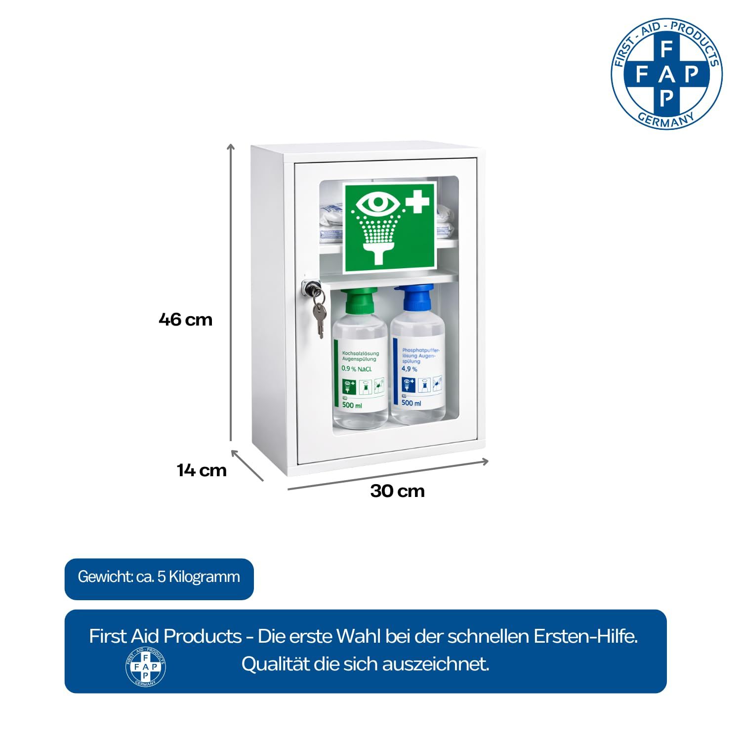 FAP First Aid Products Augenspülschrank - inkl. DIN 13157 + 2 x Augenduschen 500 ml NaCl & Phosphat