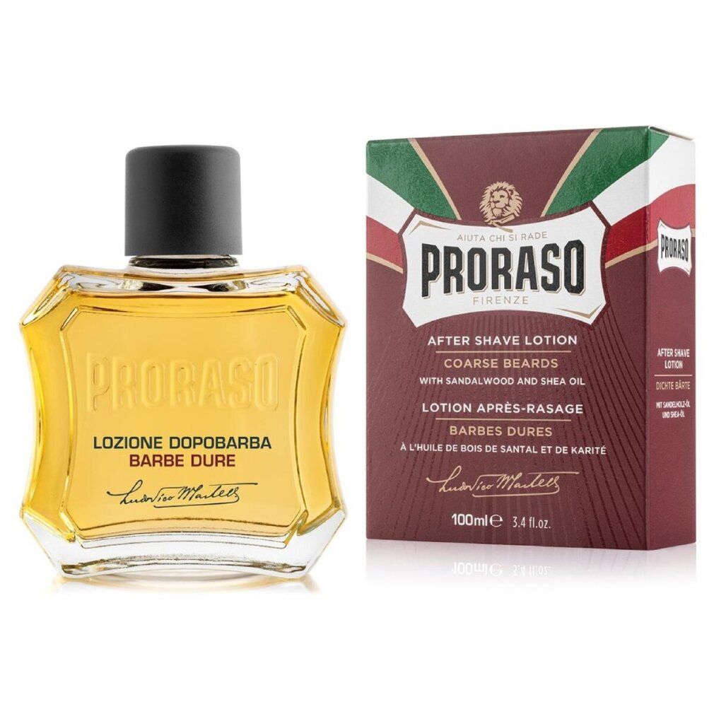 Proraso Sandelholz After Shave Lotion in Glasflasche mit Verpackung.