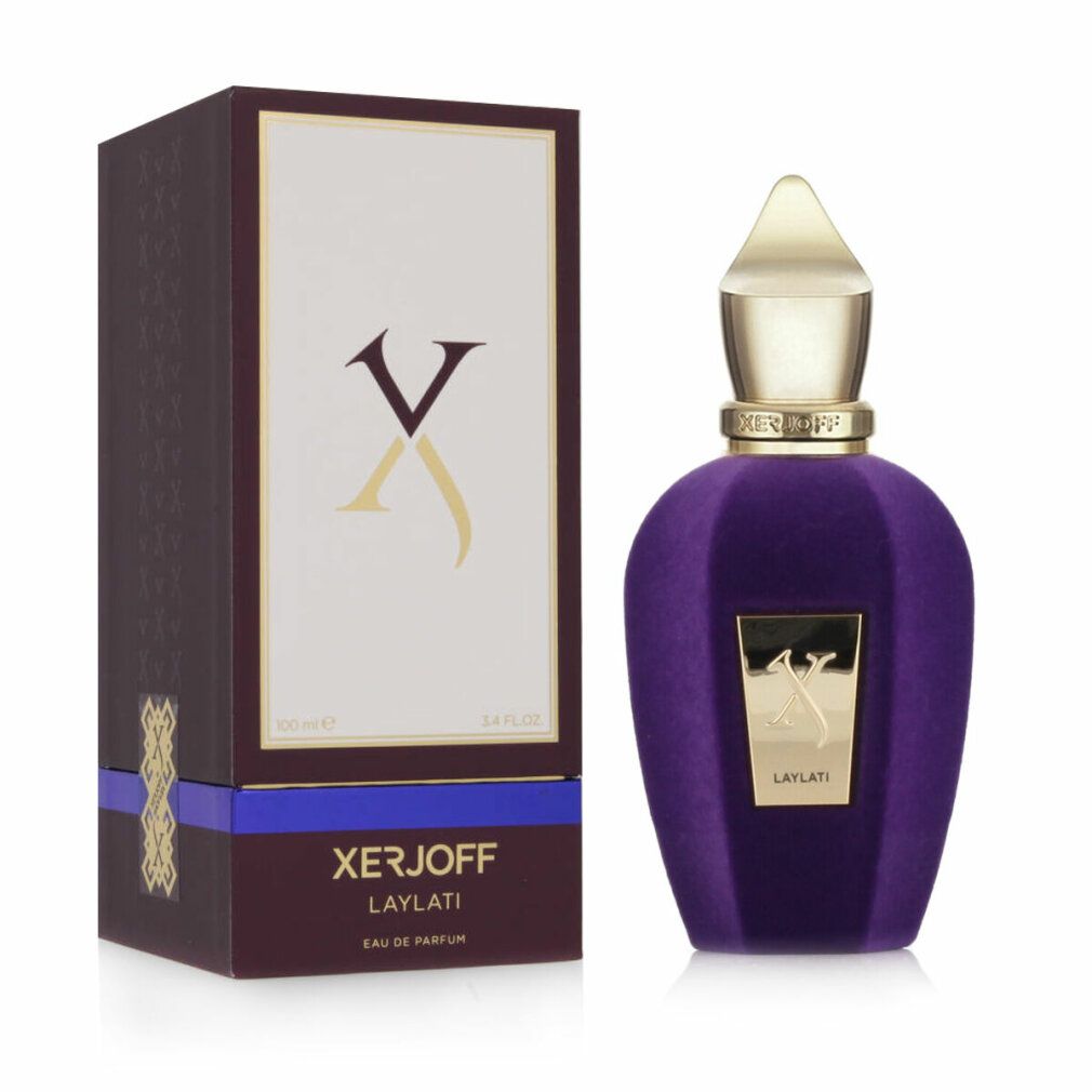 Lila Flakon und Schachtel. Goldener Deckel. Schwarzes X-Logo. Text: XERJOFF LAYLATI Eau de Parfum. 100 ml.