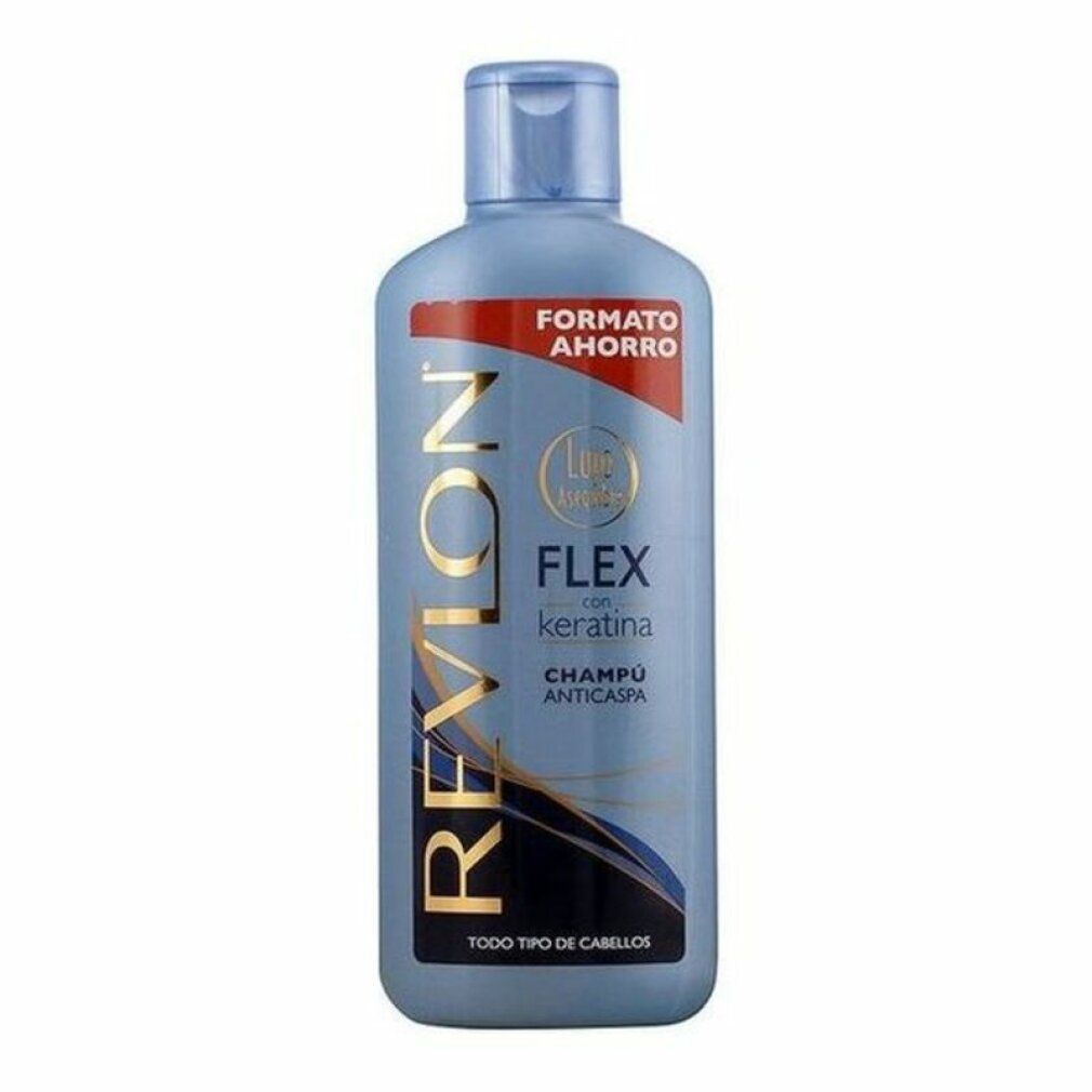 Blaue Flasche Revlon Flex Shampoo. Schriftzug: Flex, Keratin, Anticaspa. Format für Sparsamkeit. Lujo Luxus.