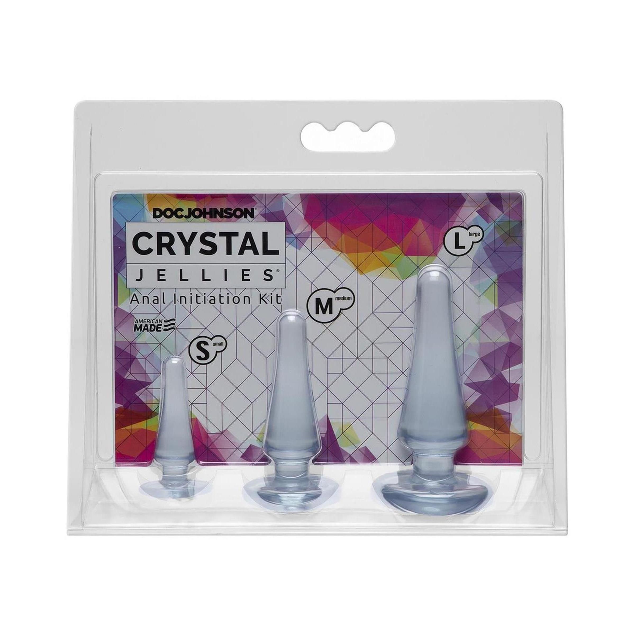 Anal-Trainer-Kit in Blisterverpackung. Drei unterschiedlich große, transparente Kegel mit breiter Basis. Beschriftung: S, M, L.