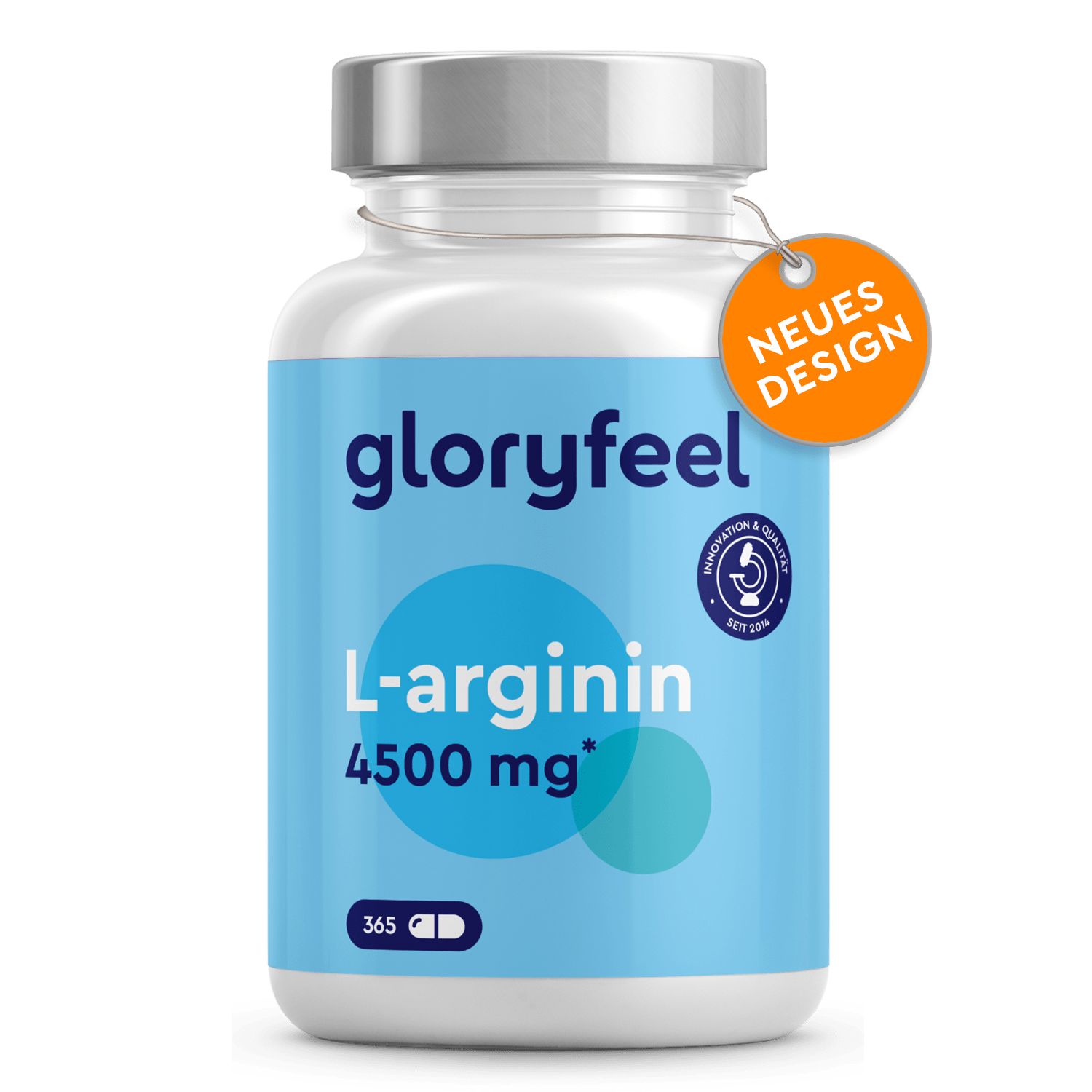 Weißes Fläschchen gloryfeel® L-Arginin Kapseln. 365 Kapseln. Aufschrift: L-Arginin 4500 mg. Neues Design-Etikett.
