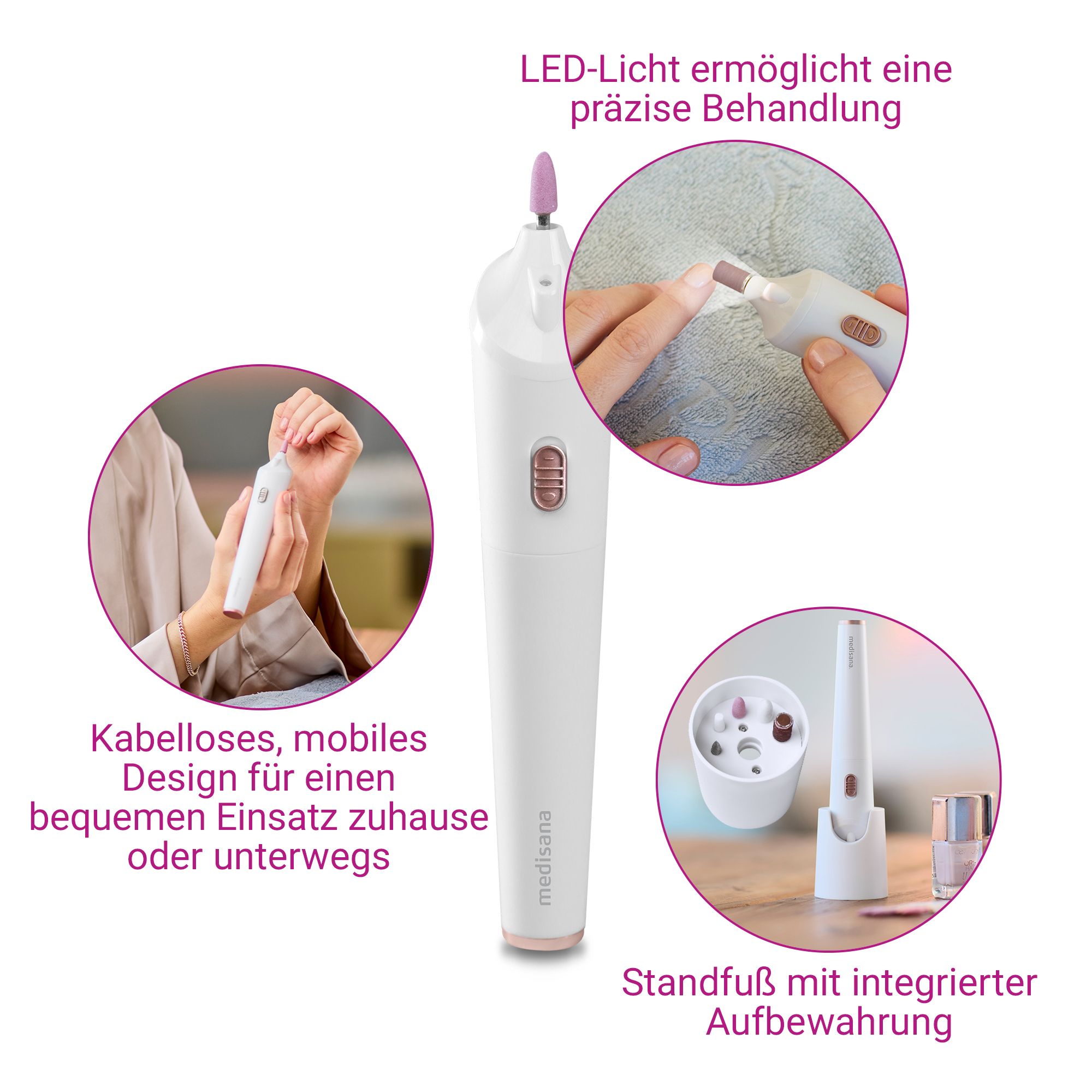 Medisana MP 900 Set: Kabelloses Design, LED-Licht und Ladestation.