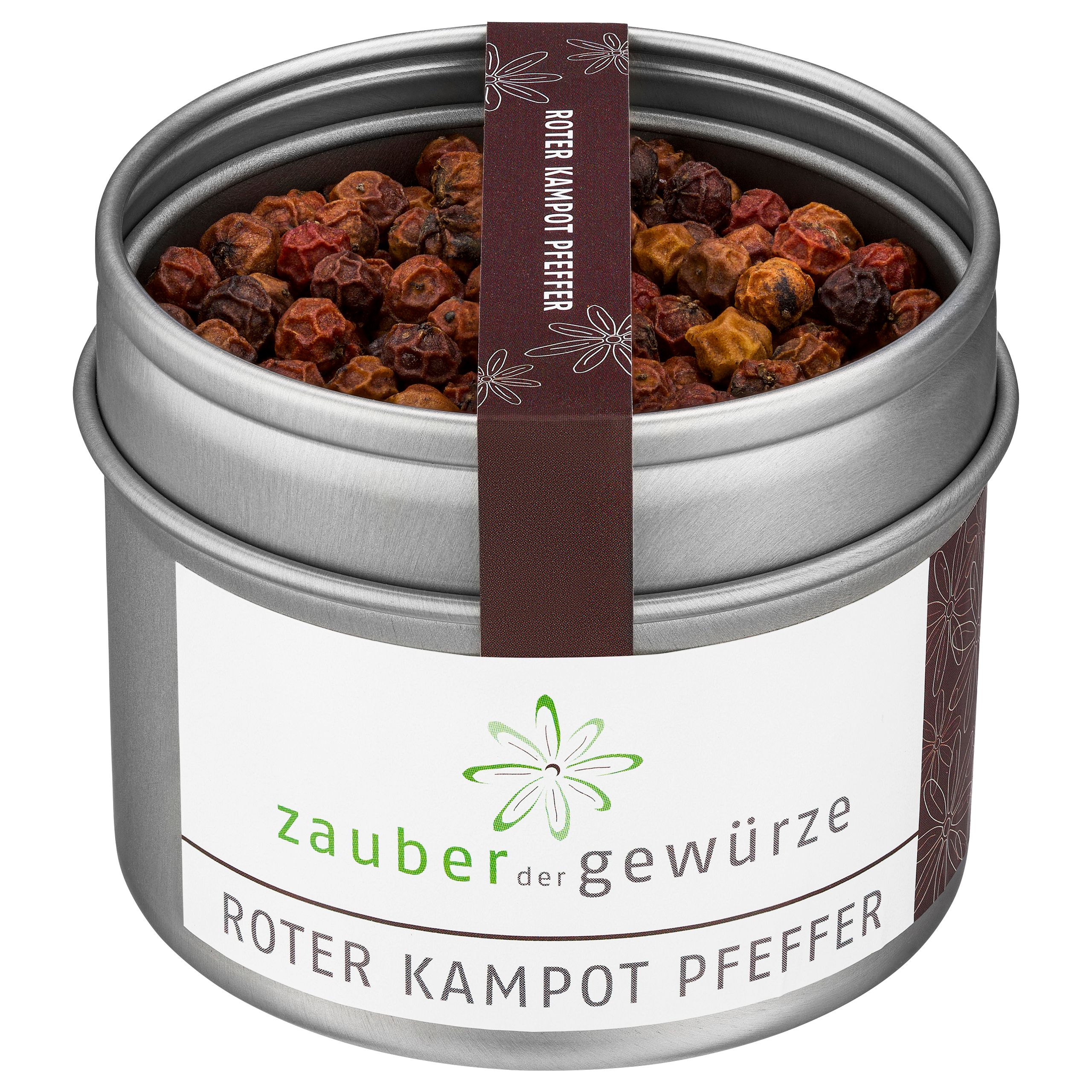 Metallbehälter mit rotem Kampot Pfeffer. Etikett mit "Zauber der Gewürze" und "Roter Kampot Pfeffer". Brauner Streifen mit Text.
