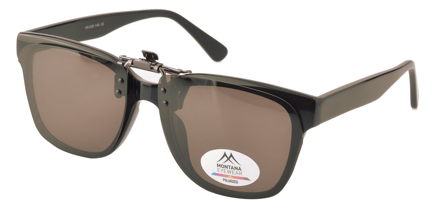 Schwarze Brille mit braunen Clip-On-Sonnenbrillen. Logo "MONTANA EYEWEAR POLARIZED".