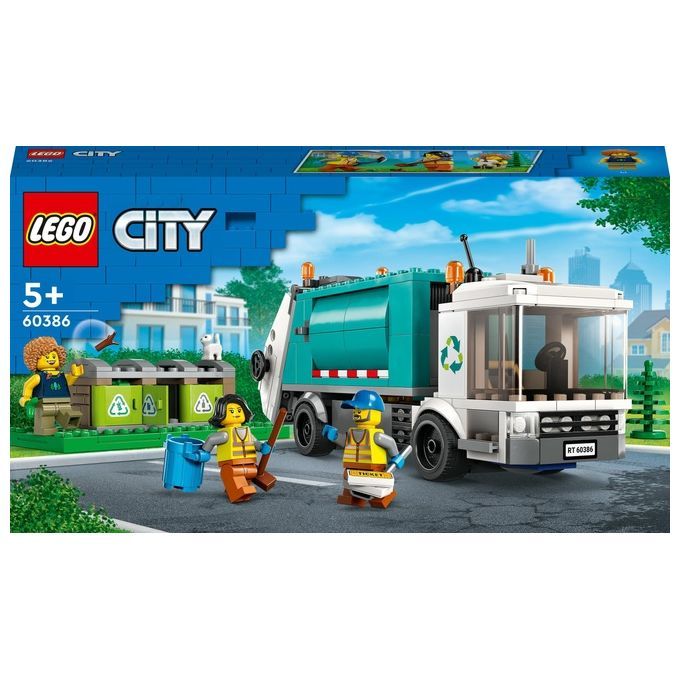 LEGO City 60386. Set camion per la raccolta rifiuti con personaggi e bidoni. Confezione con logo.