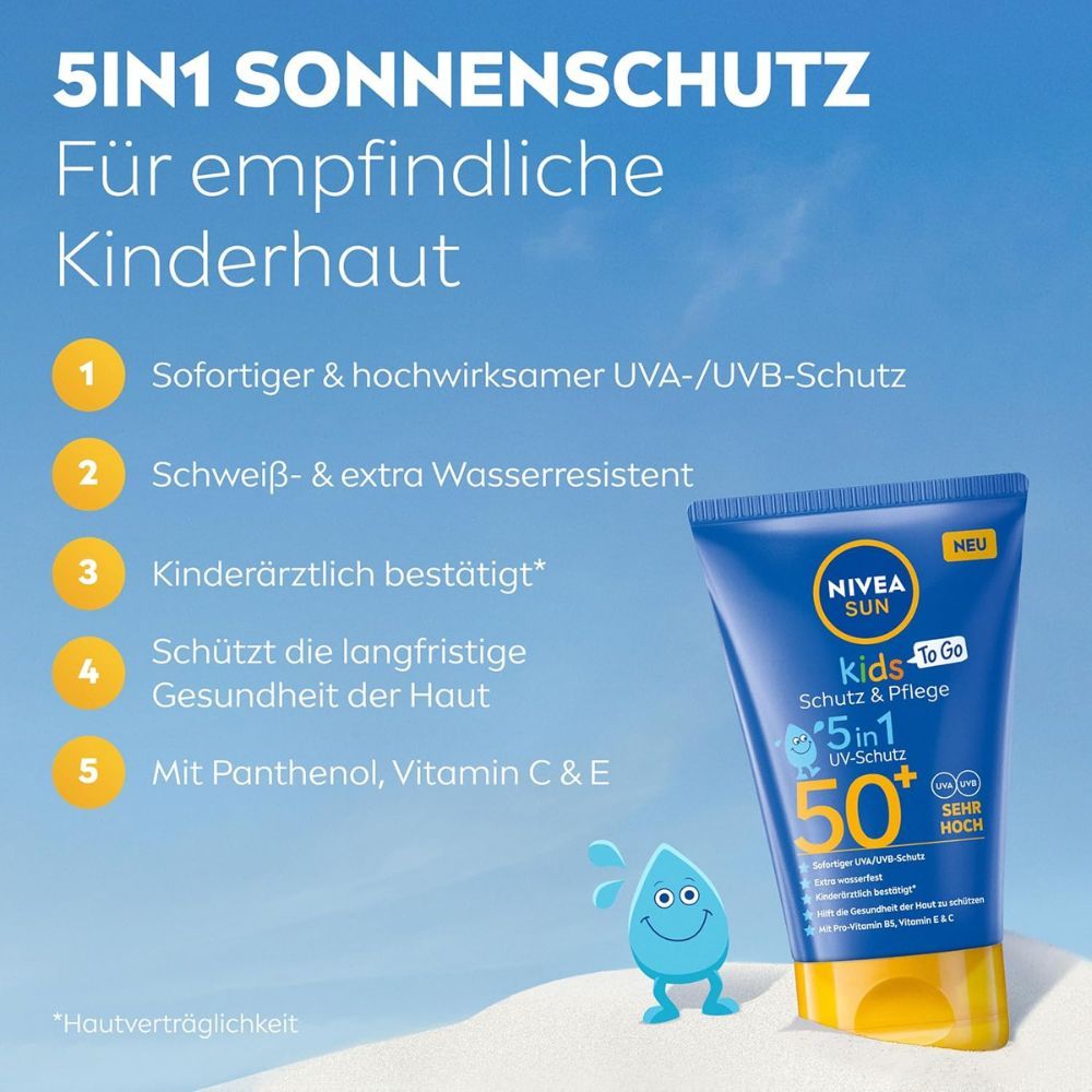 Werbebild: NIVEA Sun Kids To Go Tube neben Infografik. 5in1 Sonnenschutz für empfindliche Kinderhaut.