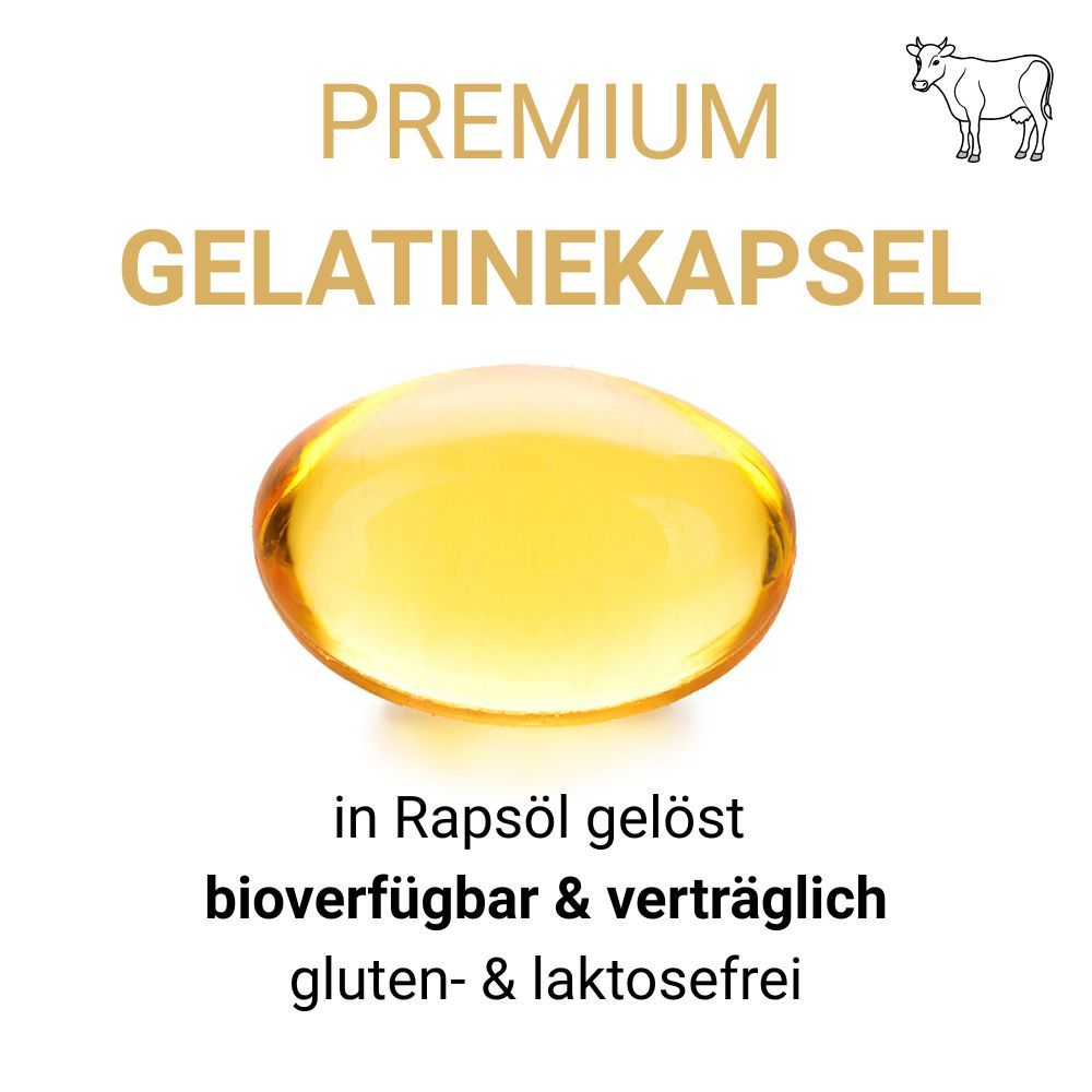 Kapsel. Text: Premium Gelatinekapsel, in Rapsöl gelöst, bioverfügbar & verträglich, gluten- & laktosefrei.