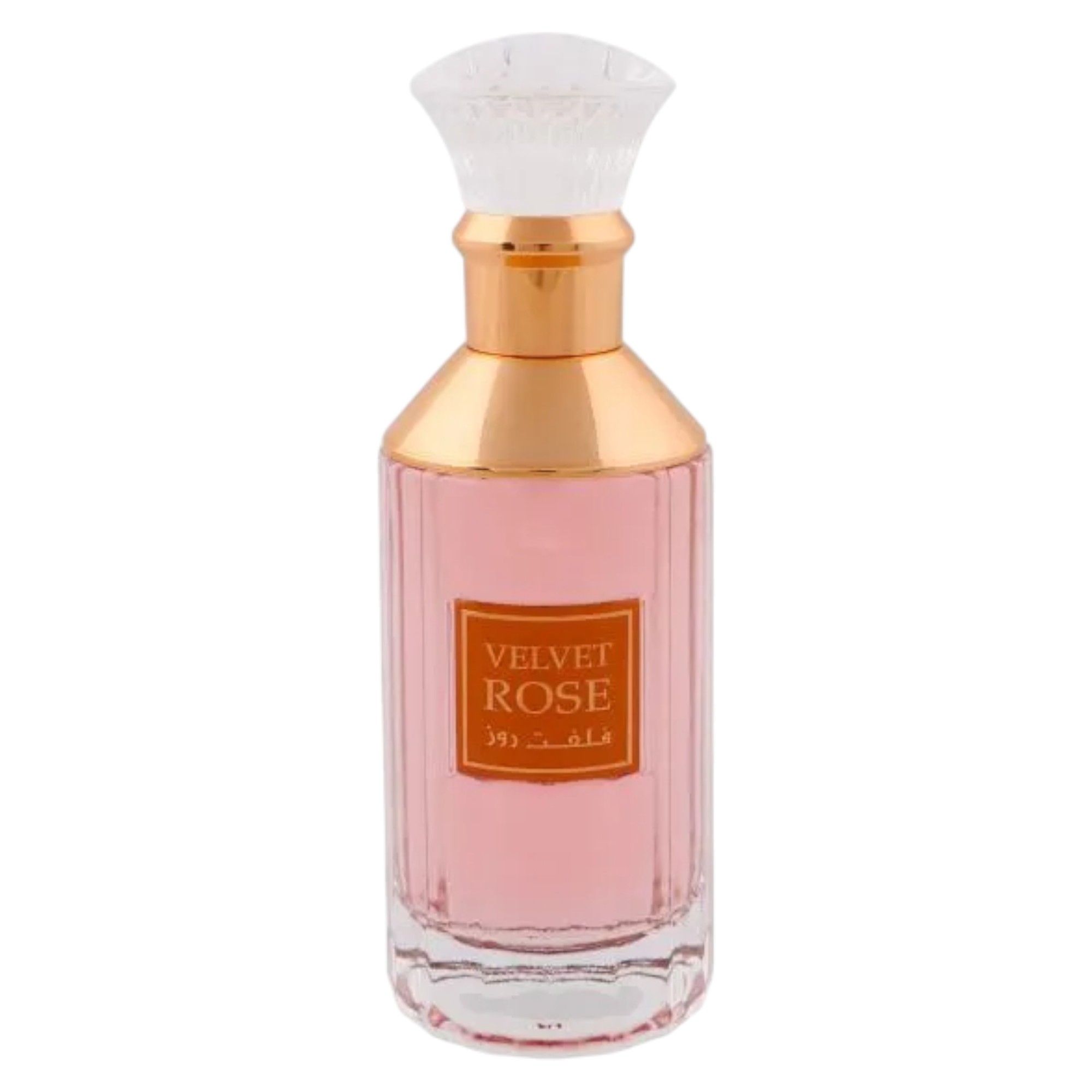 Parfümflakon mit rosa Flüssigkeit. Auf dem Etikett steht "Velvet Rose".