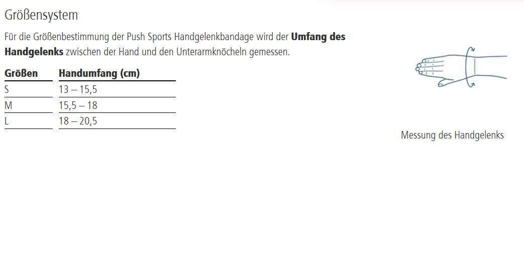Größentabelle für Handgelenkbandage. Größen S, M, L. Handumfang in cm. Illustration des Handgelenks.
