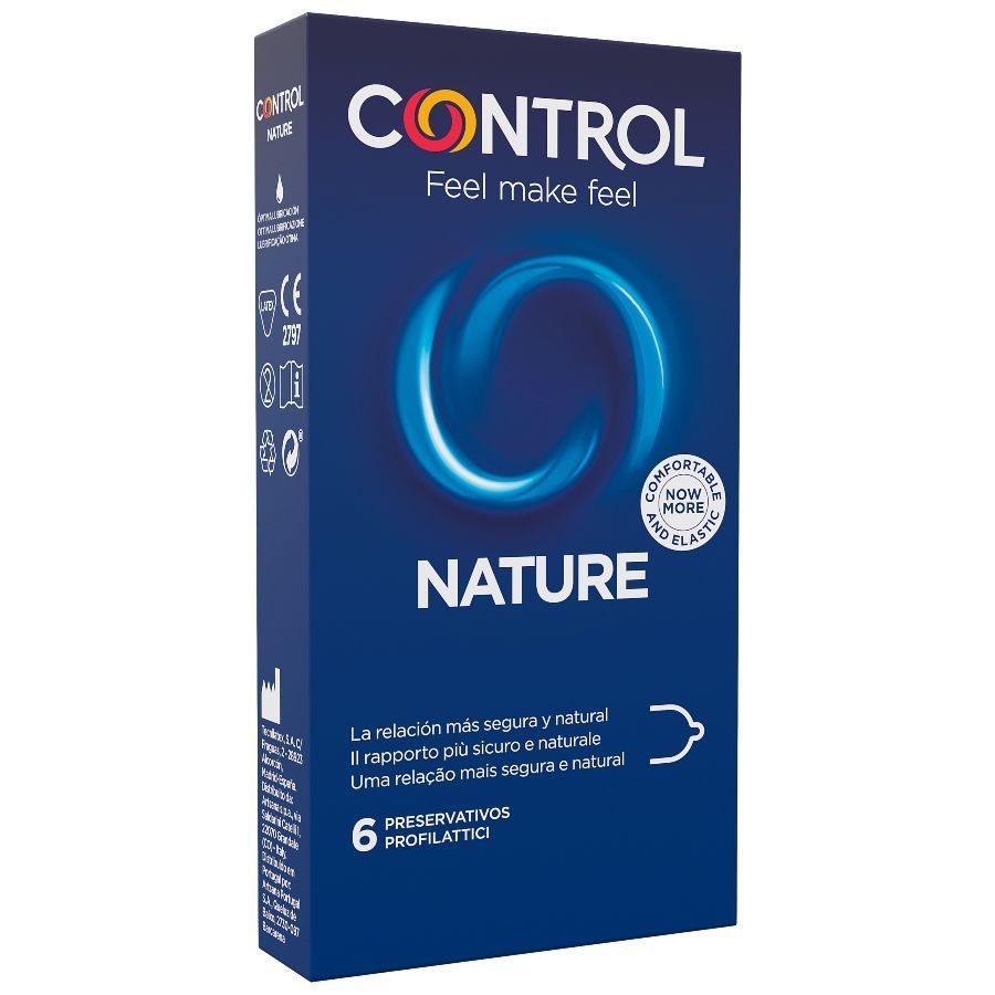 Blaue Schachtel "CONTROL NATURE" mit 6 Kondomen. Text in Spanisch, Italienisch und Portugiesisch. Produktverpackung.
