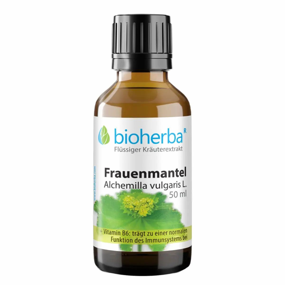 Braune Glasflasche mit schwarzem Schraubverschluss. Etikett mit Produktname, Marke Bioherba und Abbildung. Produkt: Frauenmantel Alchemilla vulgaris L. Tropfen.