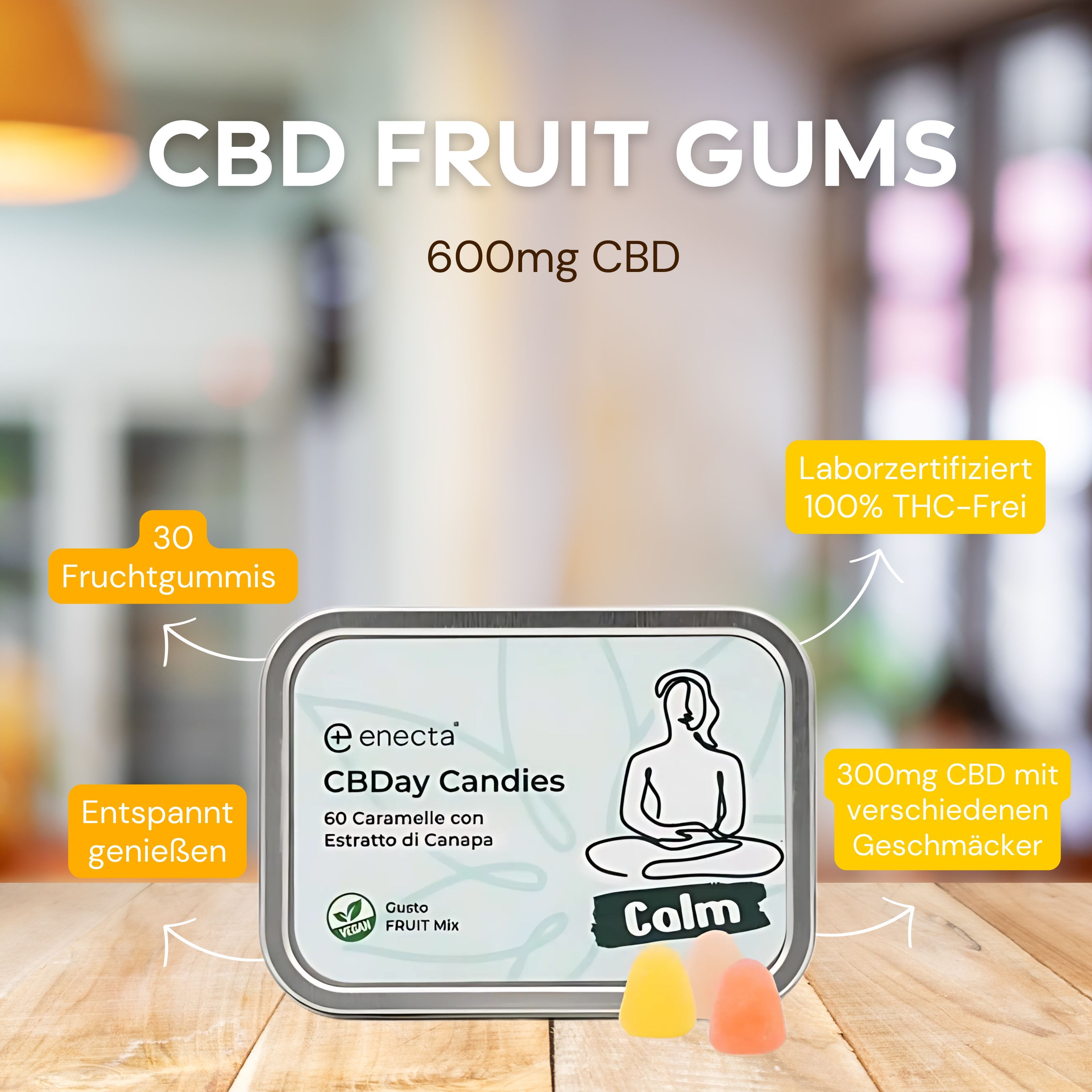 Metallbox mit CBDday Candies und Fruchtgummis. Text: CBD FRUIT GUMS, 600mg CBD, 30 Fruchtgummis. Laborzertifiziert, 100% THC-frei. Verschiedene Geschmacksrichtungen.