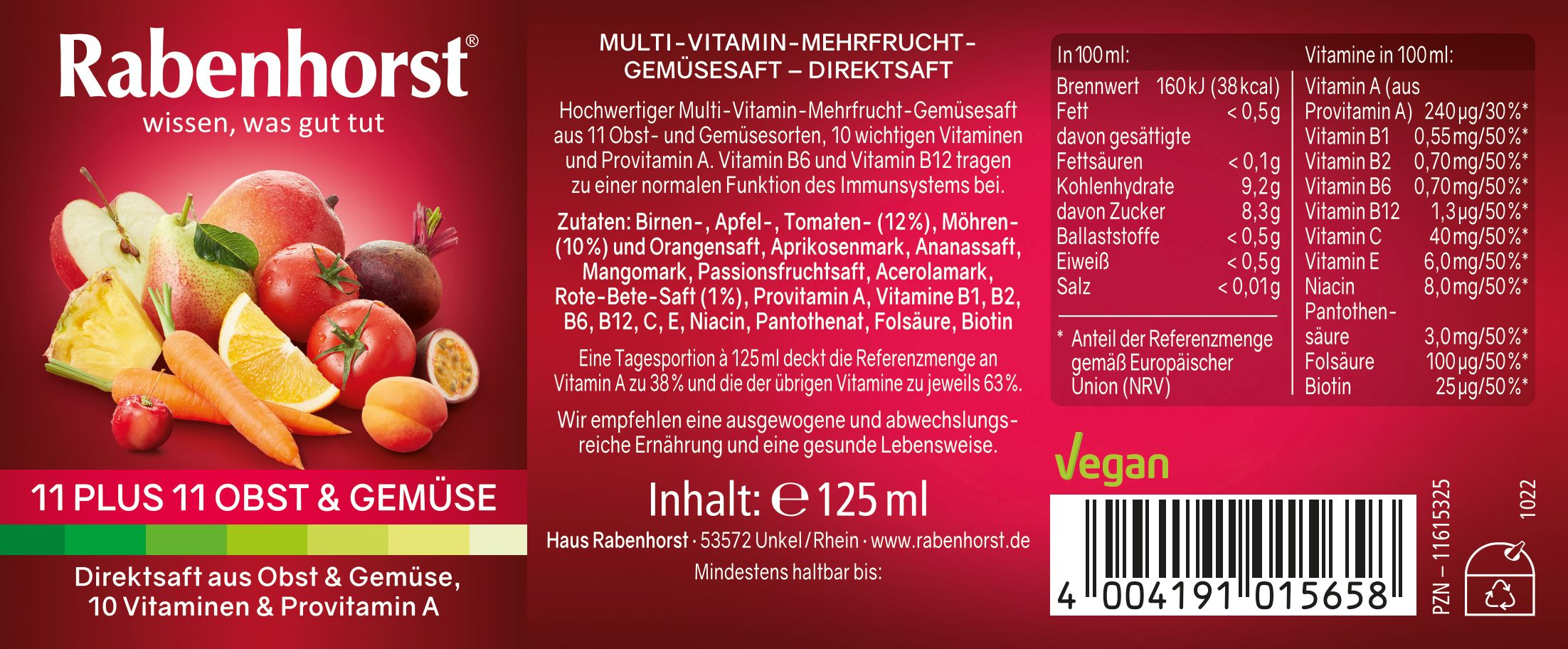 Etikett von Rabenhorst 11 Plus 11 Obst & Gemüse Mini. Produktinformationen, Zutaten, Nährwertangaben, Logo, Text.