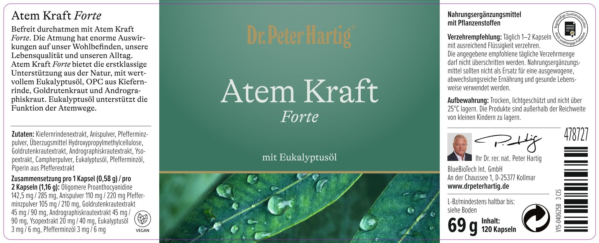 Etikett von Atem Kraft Forte. Text: Dr. Peter Hartig, Atem Kraft Forte mit Eukalyptusöl. Inhaltsstoffe, Verzehrempfehlung, Kontaktinformationen.