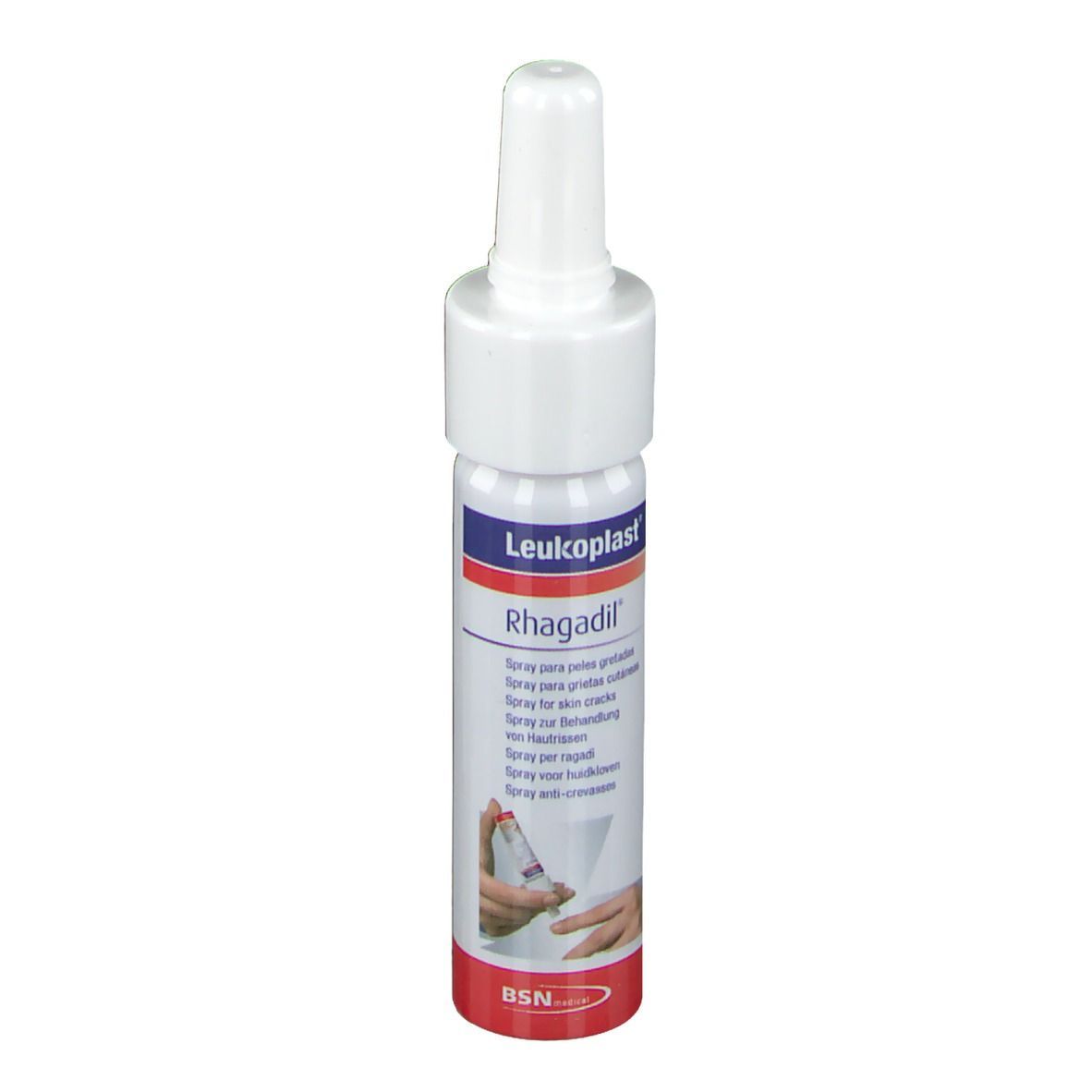 Leukoplast Rhagadil Spray. Weiße Flasche mit rotem und blauem Etikett. Produktabbildung auf dem Etikett.