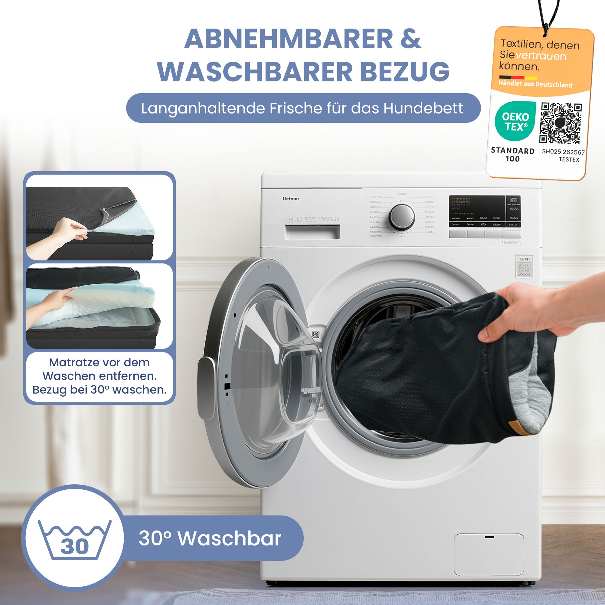 Abnehmbarer und waschbarer Bezug. Waschbar bei 30°. Frische für das Hundebett. Mit Zertifizierung.