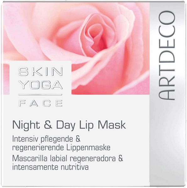 Verpackung mit Produktnamen Skin Yoga Face Night & Day Lip Mask. Rose im Hintergrund. Artdeco-Logo rechts.