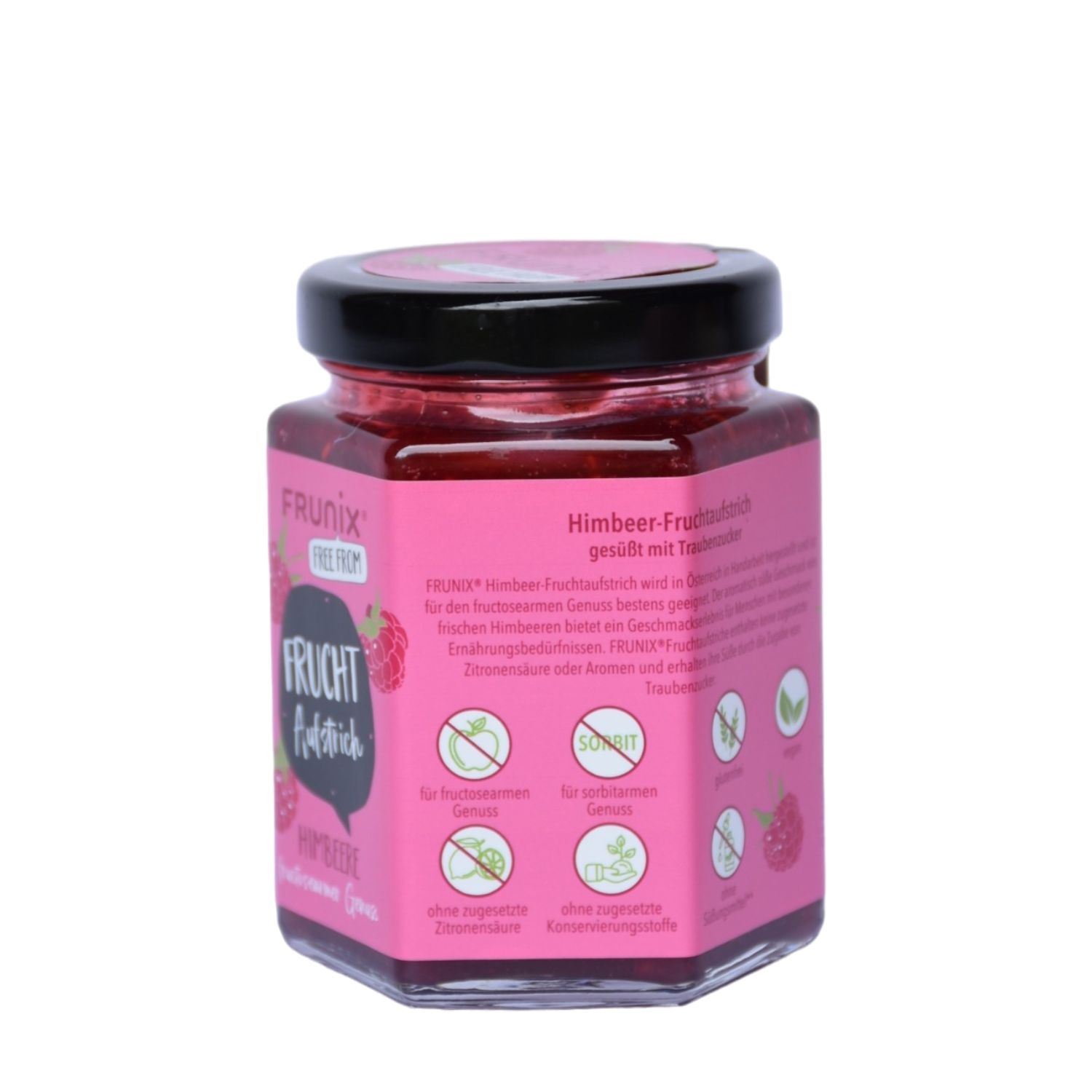 Glas mit Himbeer-Fruchtaufstrich. Rosa Etikett mit Produktinformationen und Logos. Schwarzer Deckel. Aufschrift: FRUNIX, Fruchtaufstrich, Himbeere.
