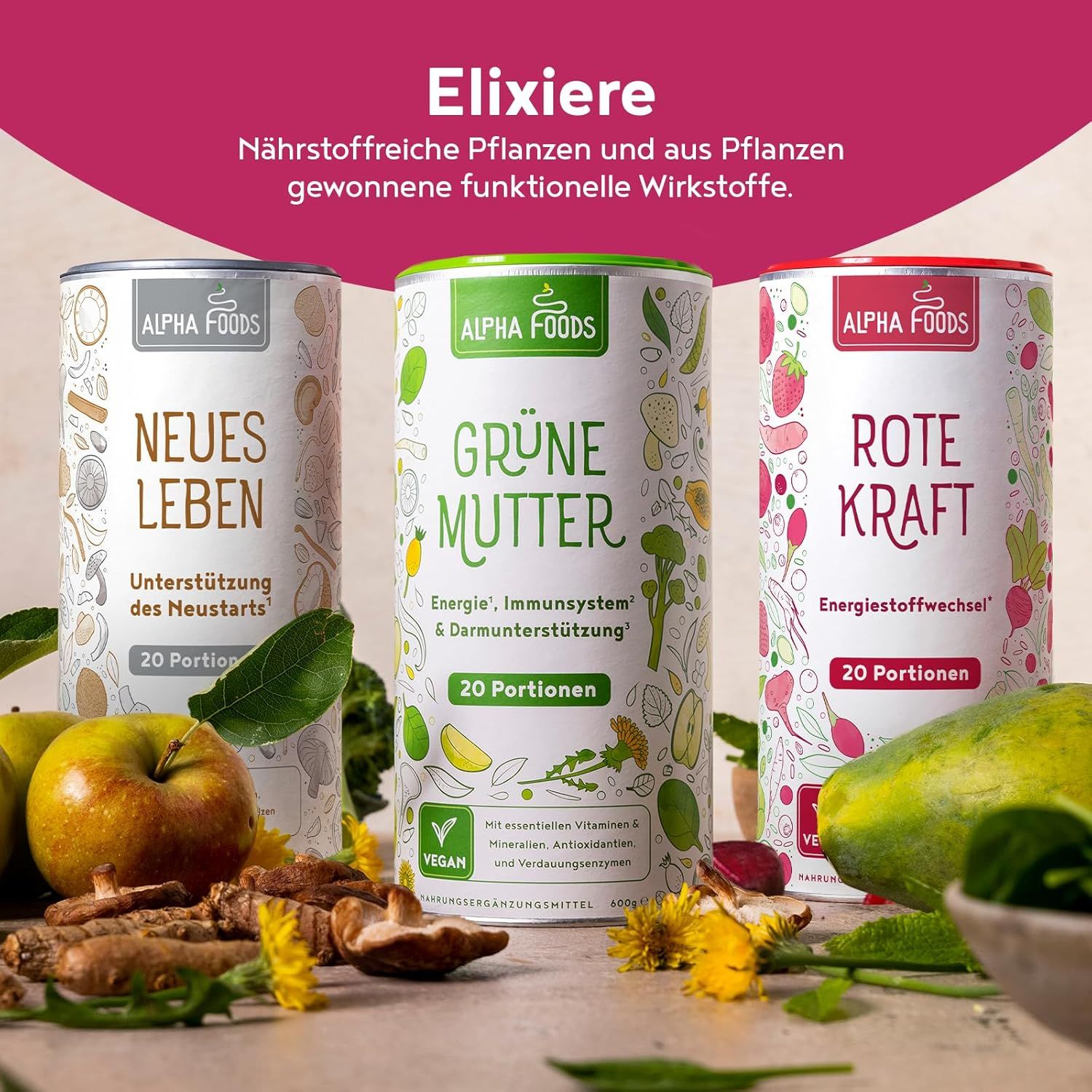 Drei Dosen Alpha Foods: Neues Leben, Grüne Mutter, Rote Kraft. 20 Portionen. Vegan. Früchte und Gemüse.