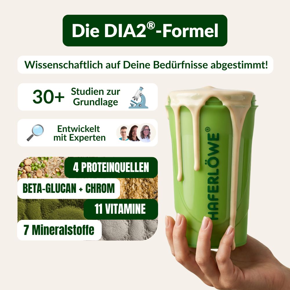 HAFERLÖWE DIA2®-Formel: 4 Proteinquellen, Beta-Glucan, Chrom, Vitamine, Mineralstoffe.