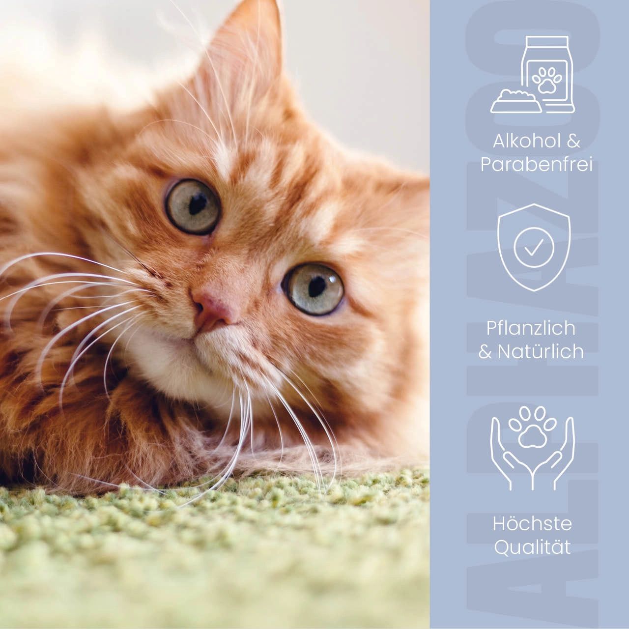 Katze liegt auf grünem Teppich. Text: Alkohol & Parabenfrei, Pflanzlich & Natürlich, Höchste Qualität. Icons.