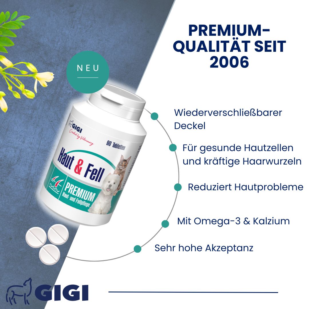Produktflasche mit Tabletten. Text: "Premium-Qualität seit 2006". Zusätzliche Informationen und Tabletten.