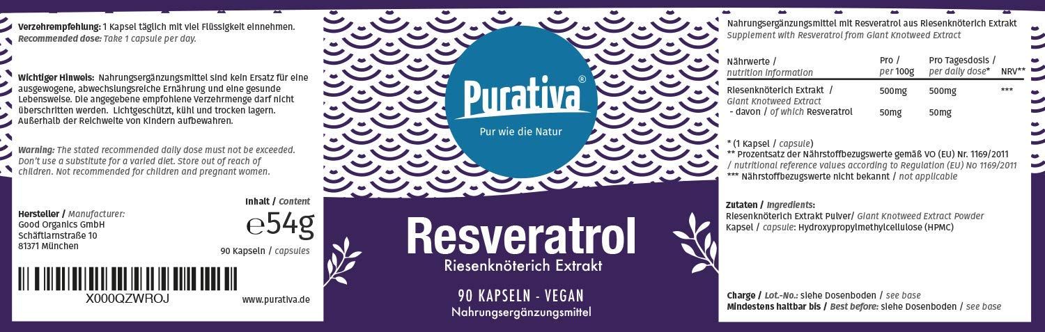 Etikett mit Text: Resveratrol, 90 Kapseln, vegan. Marke: Purativa. Enthält Informationen zu Inhaltsstoffen und Nährwerten.